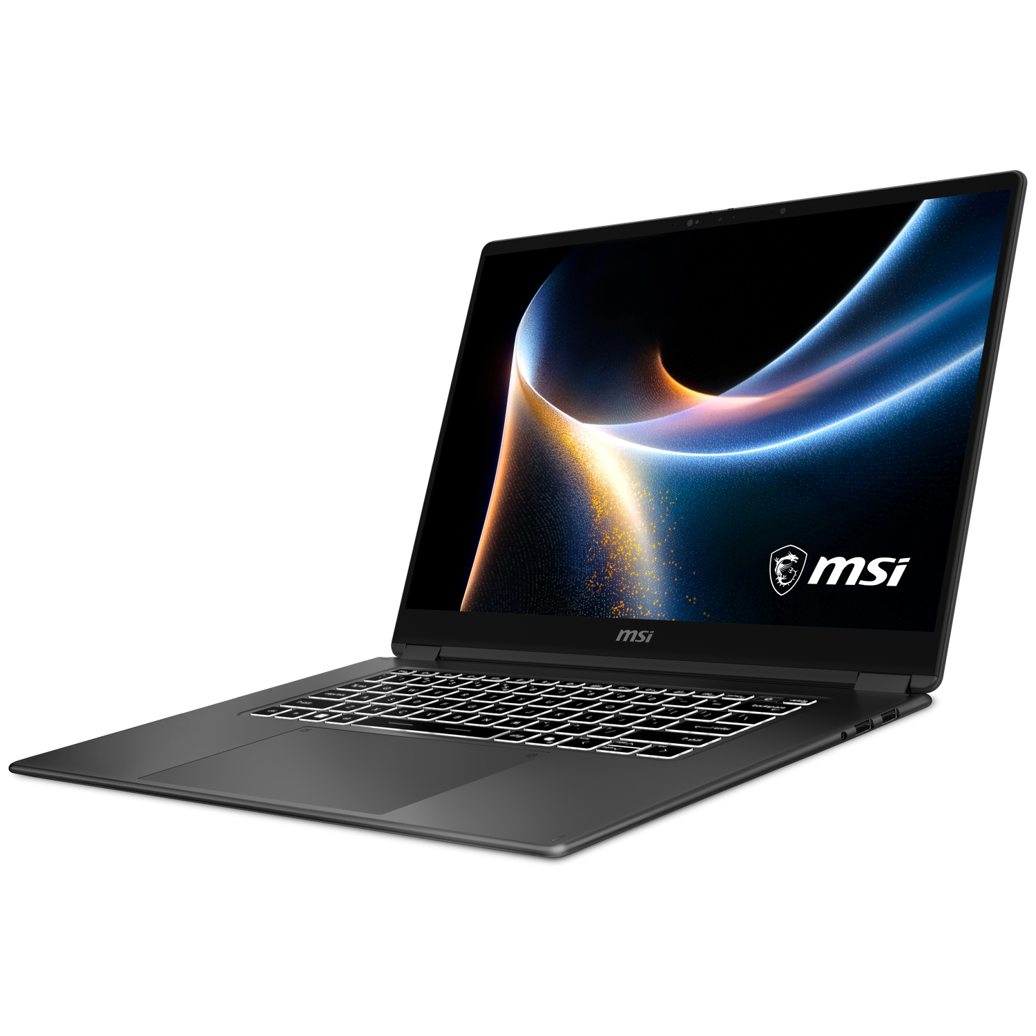 A black MSI laptop is open, displaying a colorful abstract wallpaper on its screen.