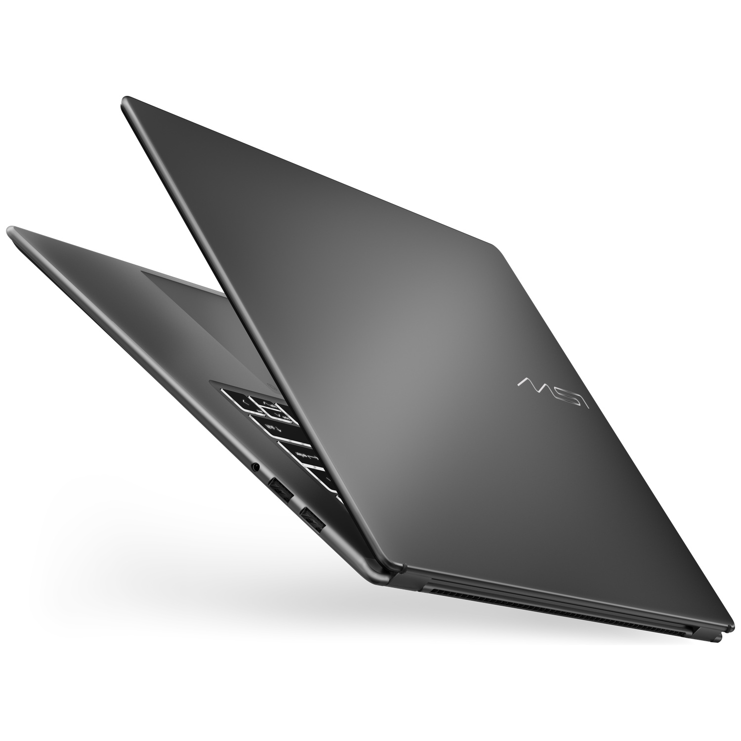 A dark MSI laptop is open and floating against a white background.
