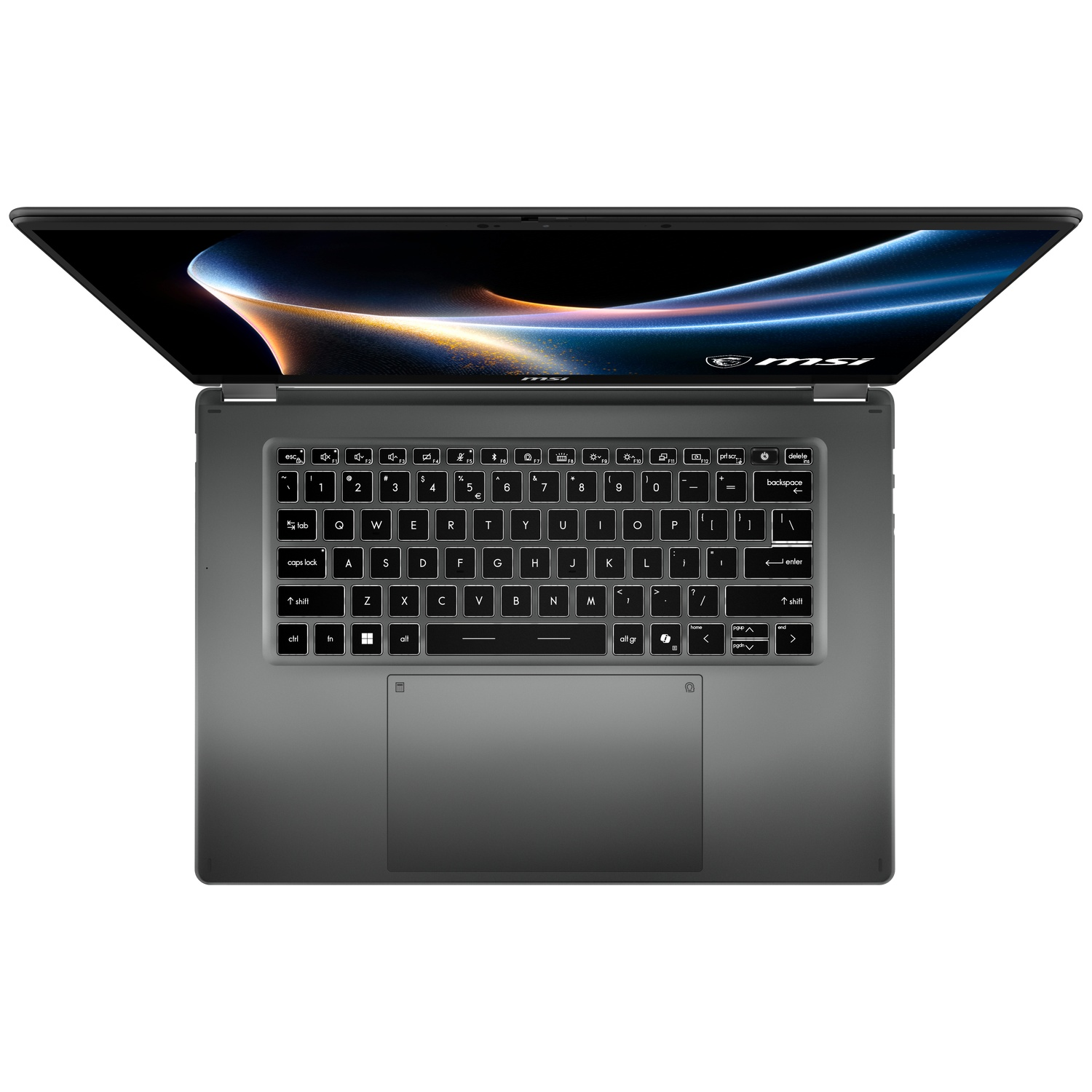 An open laptop with a lit screen and keyboard on a white background.