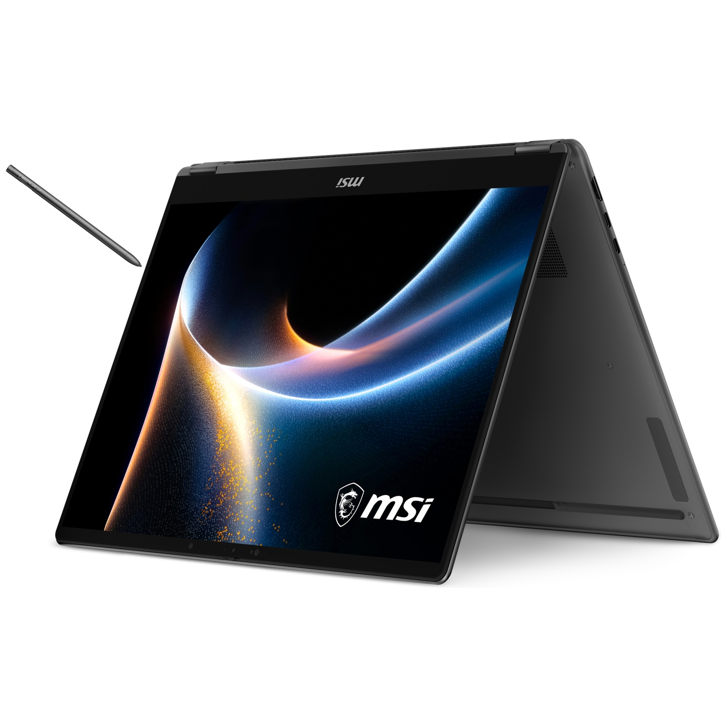 A black MSI laptop, open in tent mode, with a stylus nearby.