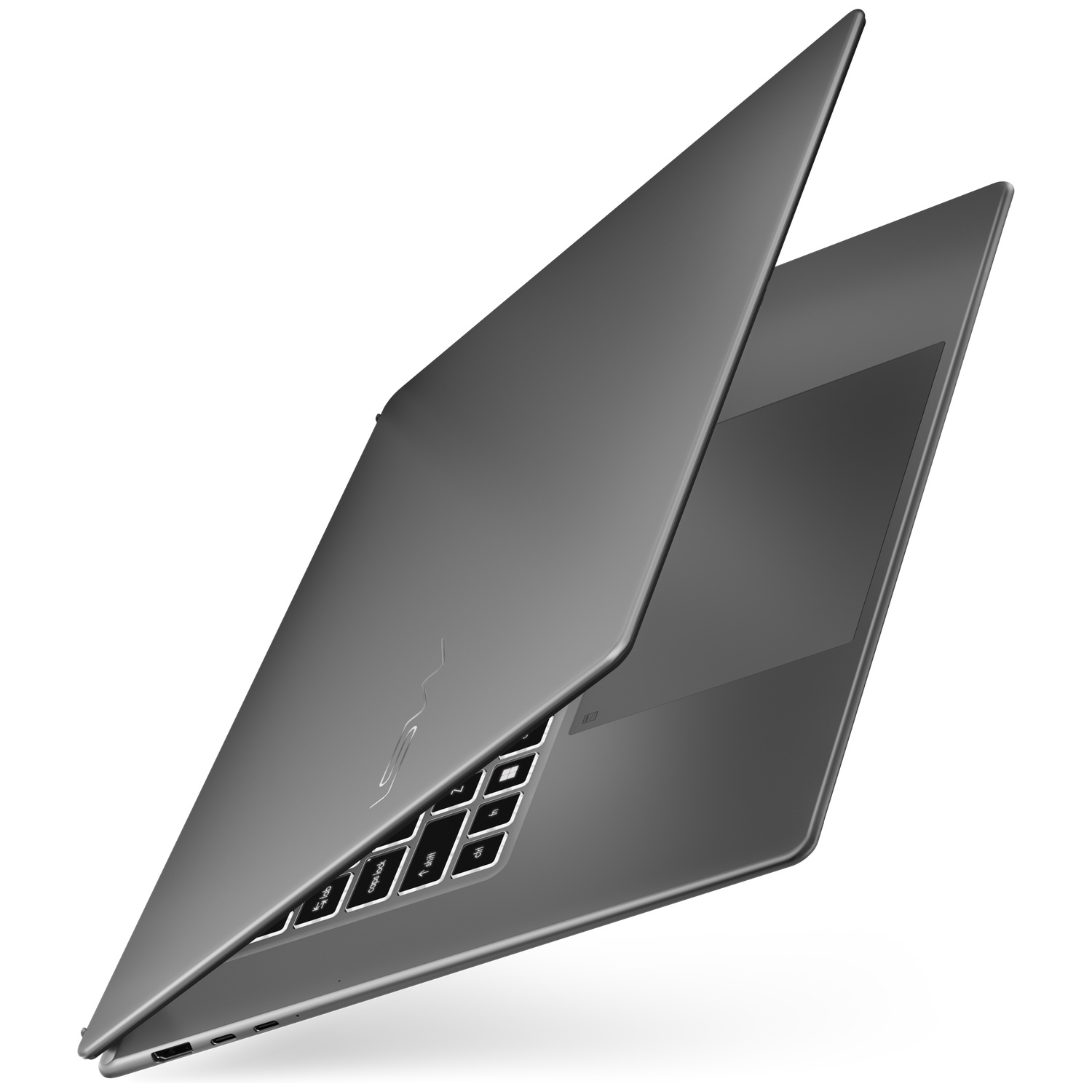 A closed, gray laptop with keyboard and ports on a white background.
