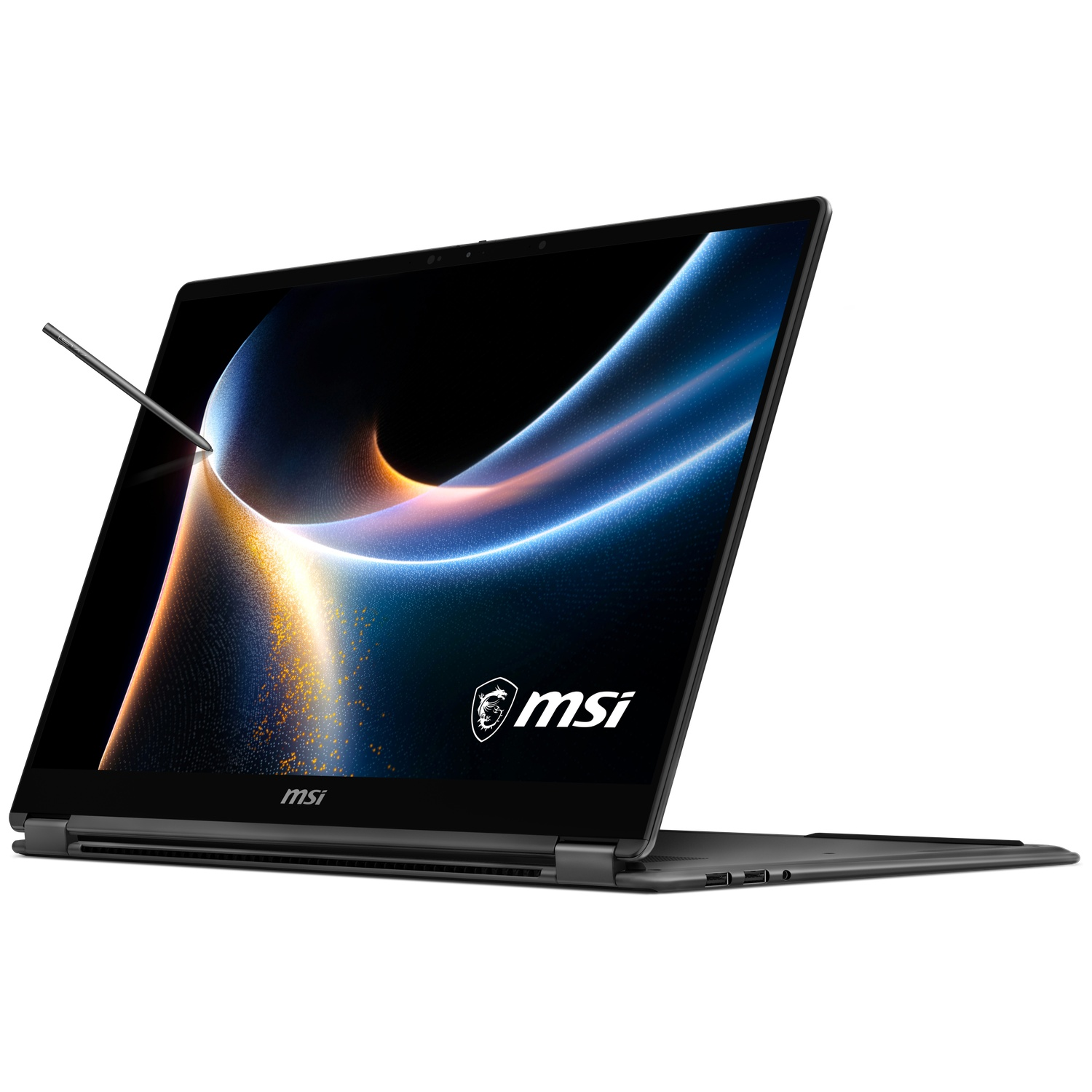 An open MSI laptop with a stylus resting on its screen.