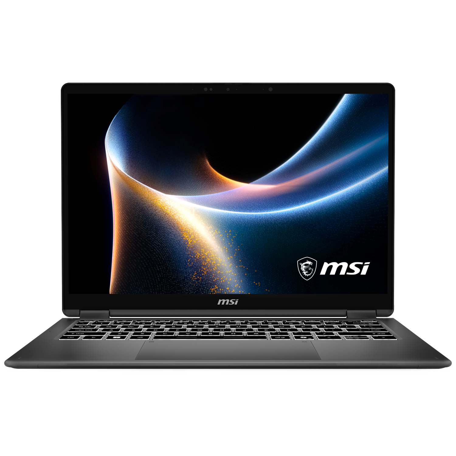 An open gray laptop with MSI logo and abstract wallpaper on screen.