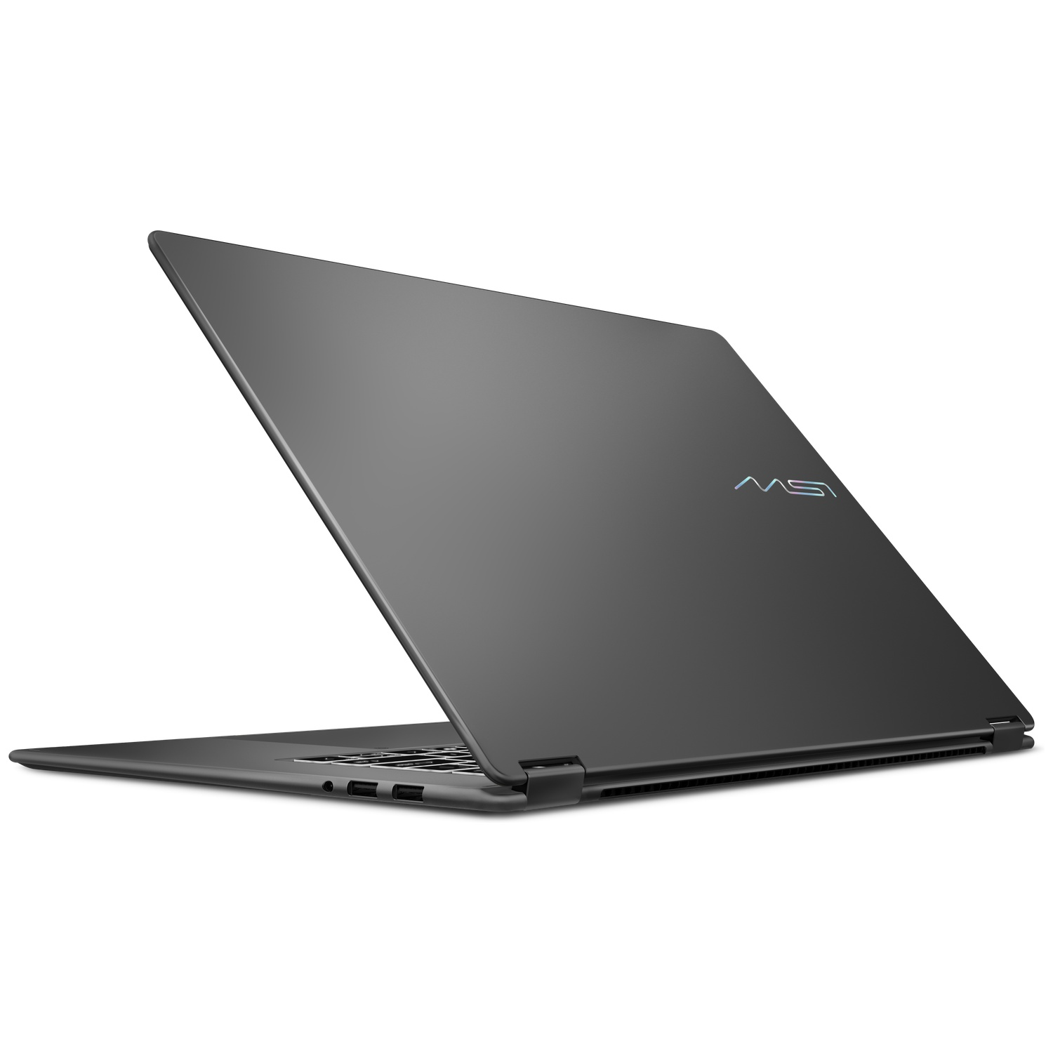 A gray MSI laptop is open, with the logo on the lid.