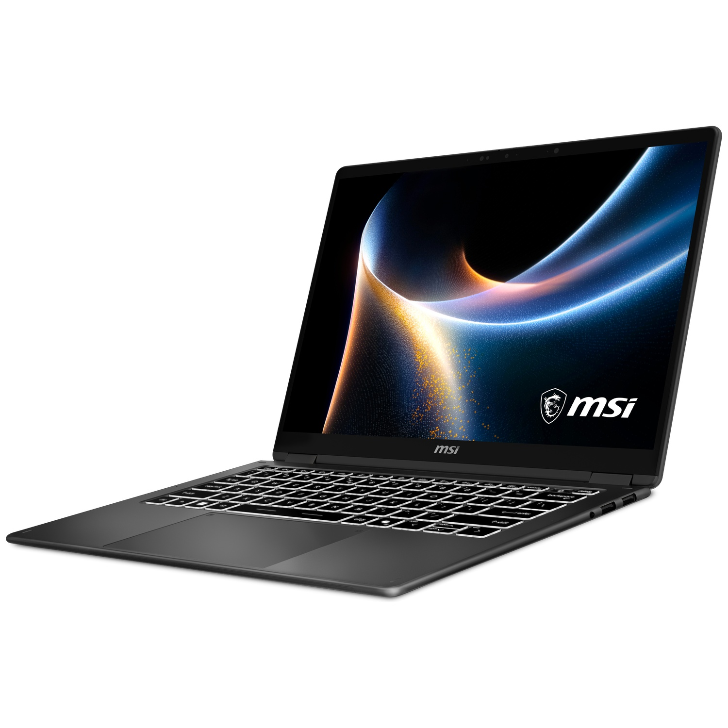 A black MSI laptop with a backlit keyboard and an abstract wallpaper on its screen.