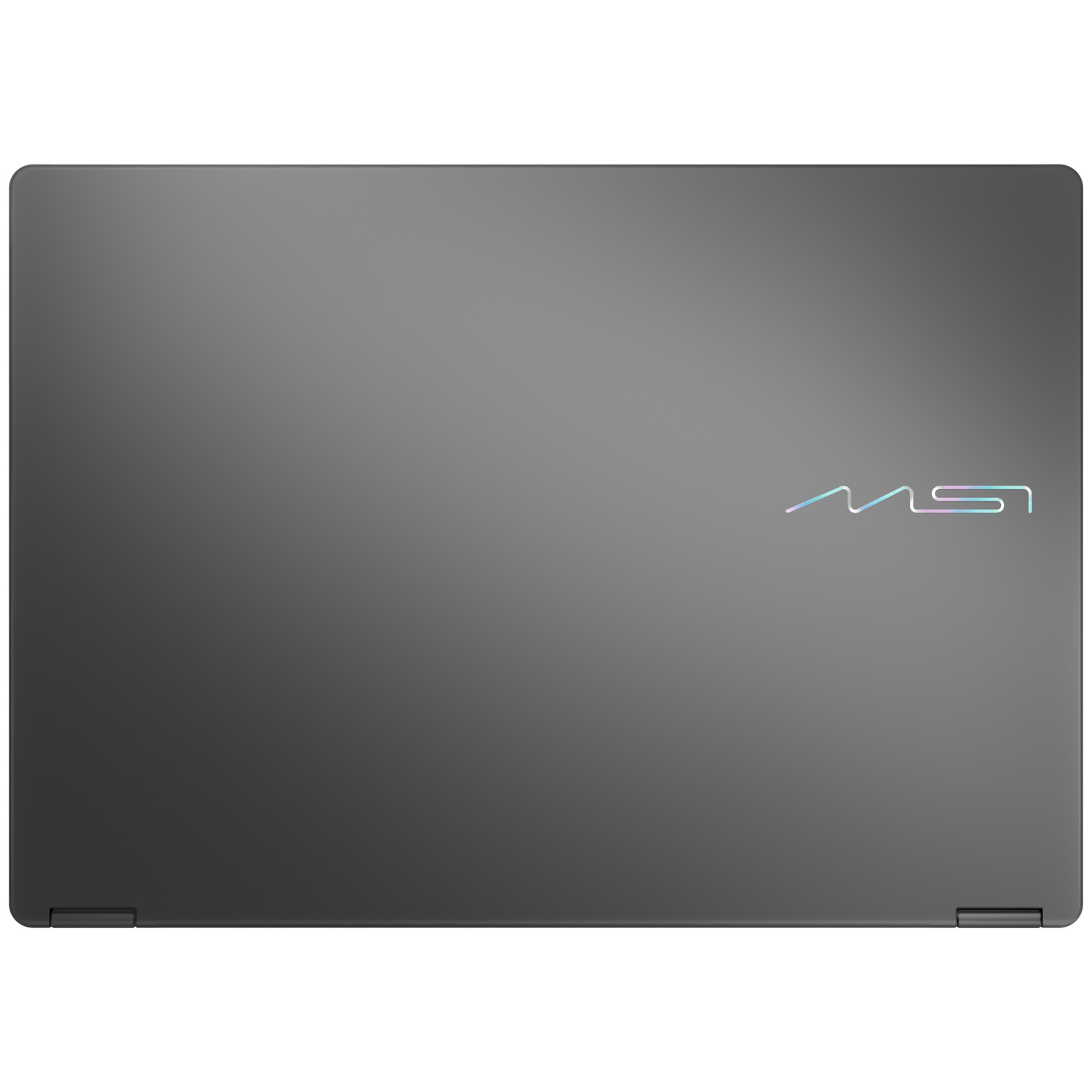 A closed, gray MSI laptop with a iridescent MSI logo on the top right.