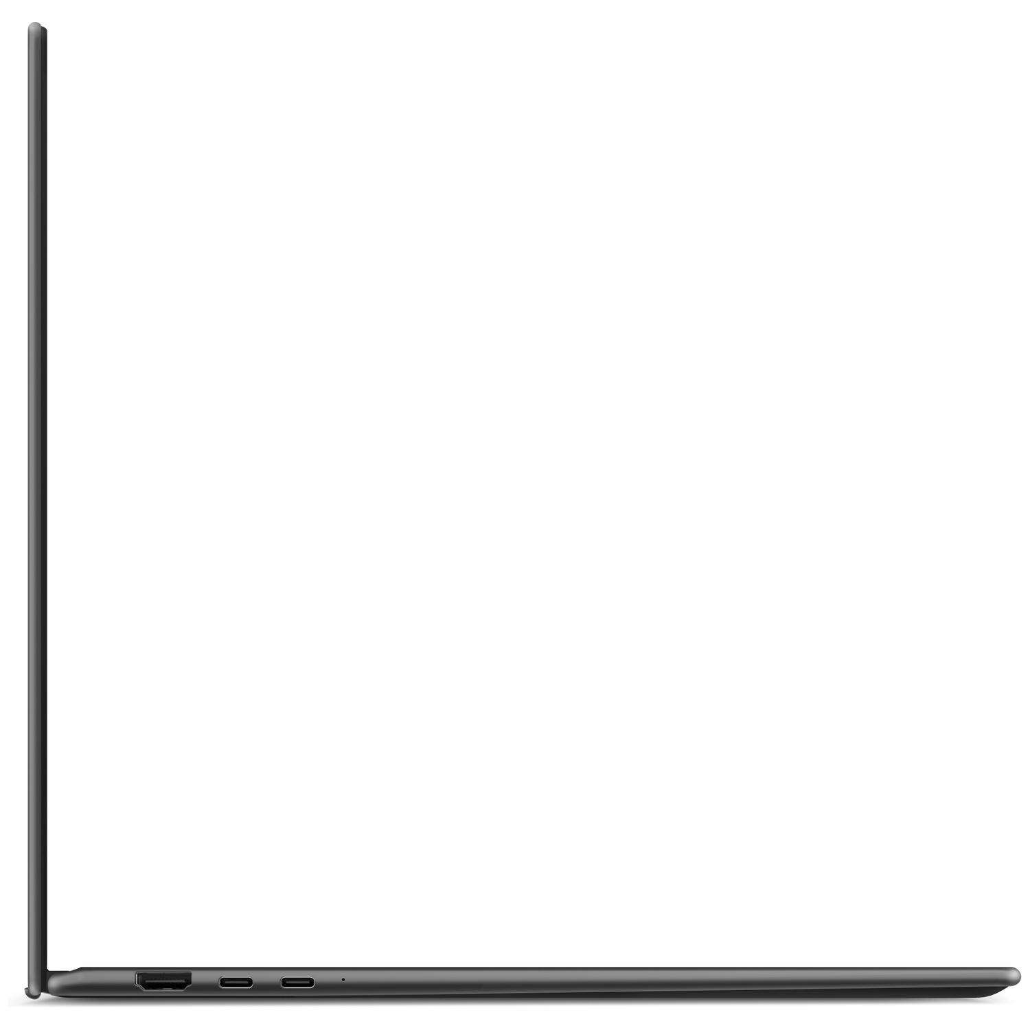 Side view of a slim, dark laptop with ports on the front edge.