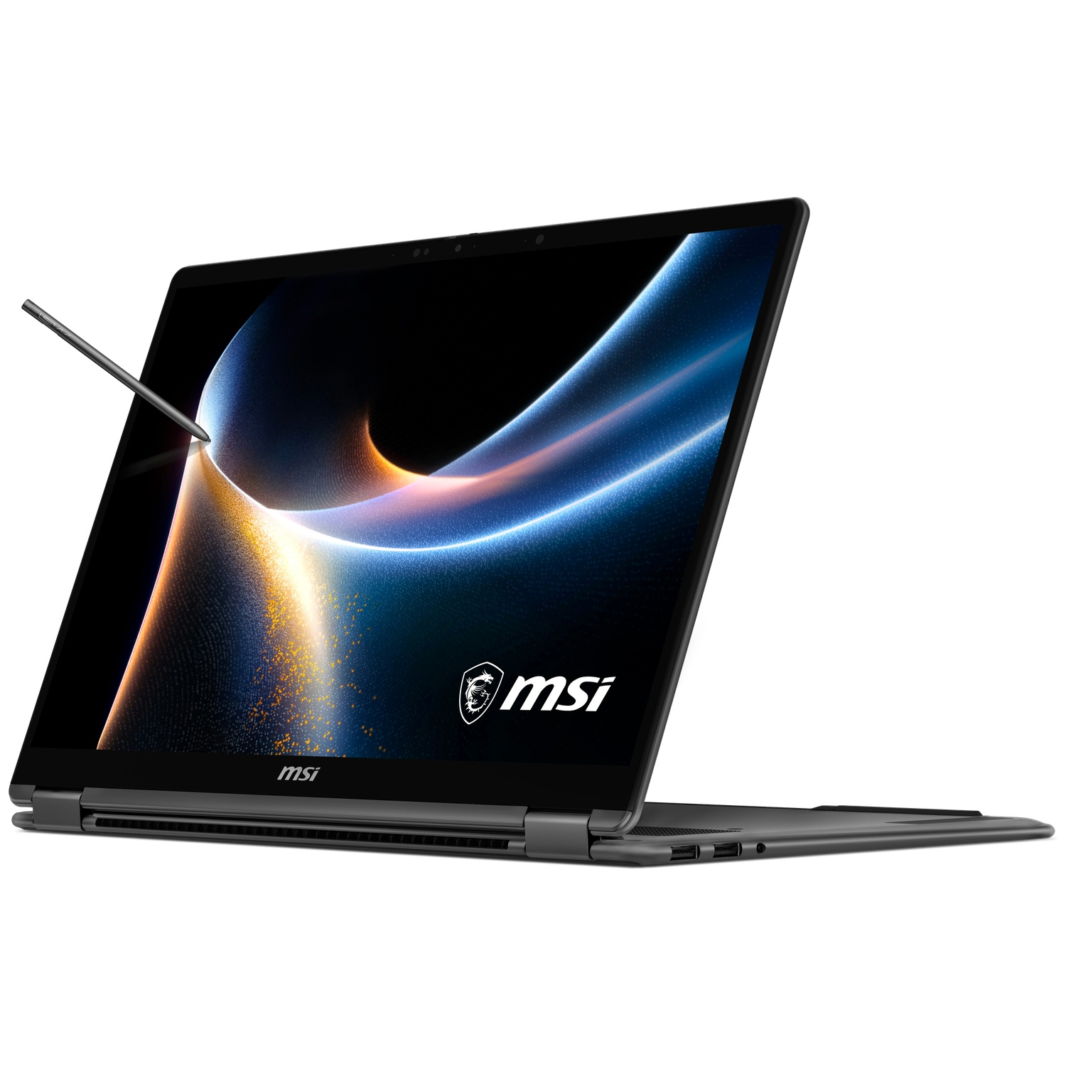 A gray laptop with a stylus touching the screen. Background has abstract waves.