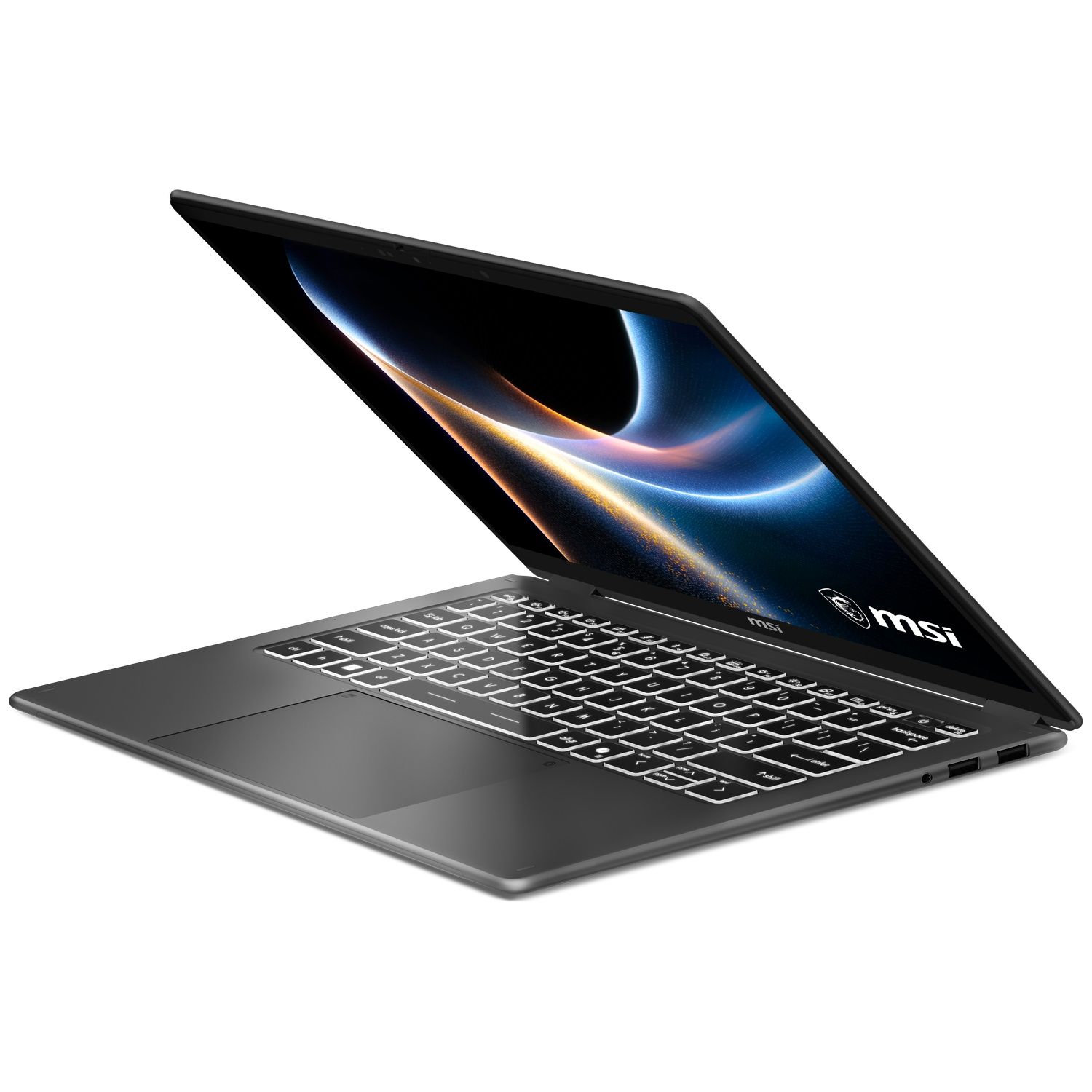 An open grey laptop with a backlit keyboard and an abstract wallpaper.