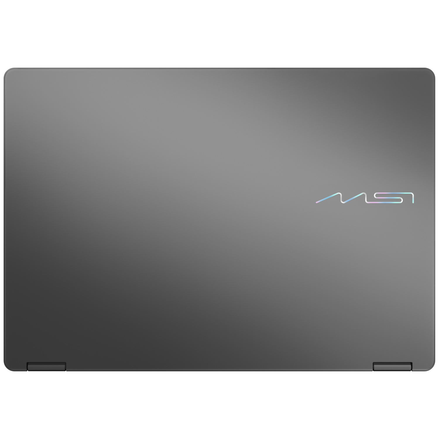 Closed grey laptop with iridescent MSI logo on the lid.