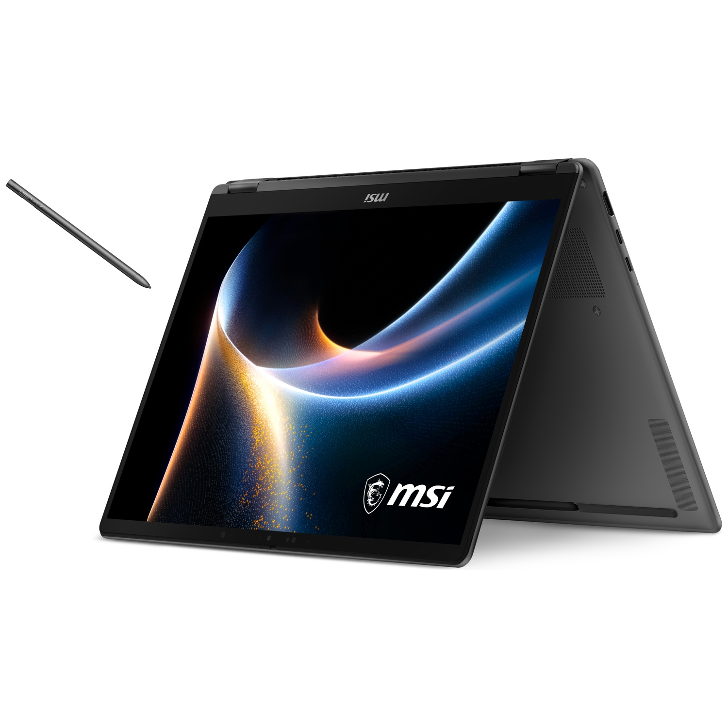 A black MSI laptop with stylus, in tent mode on a white background.