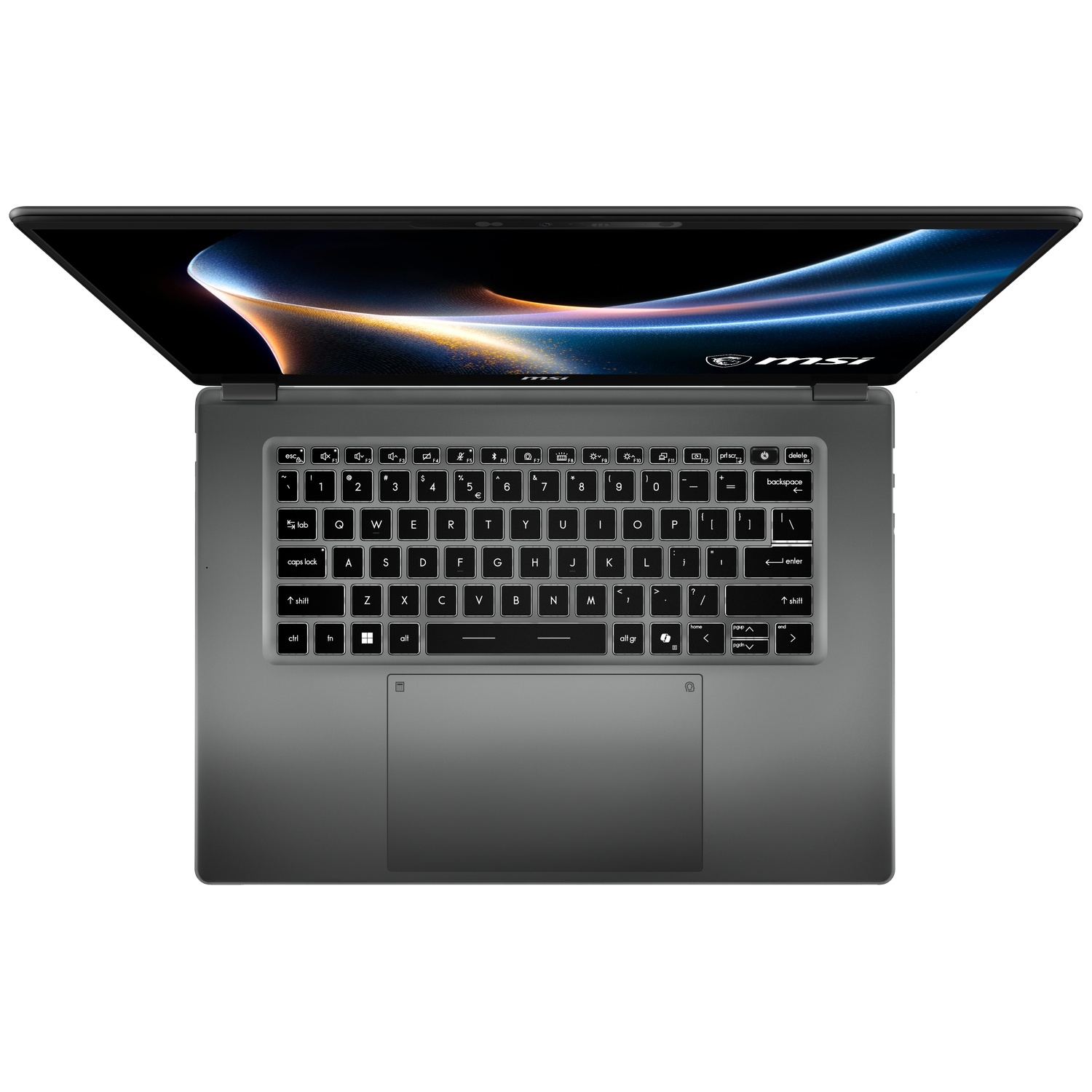 An open laptop with a gray body and illuminated keyboard.