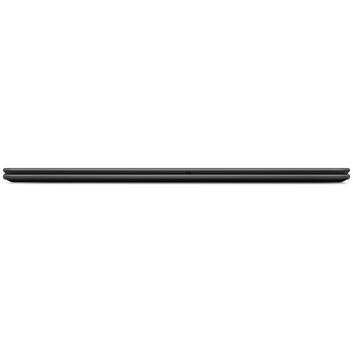 A closed black laptop seen from the side, against a white background.