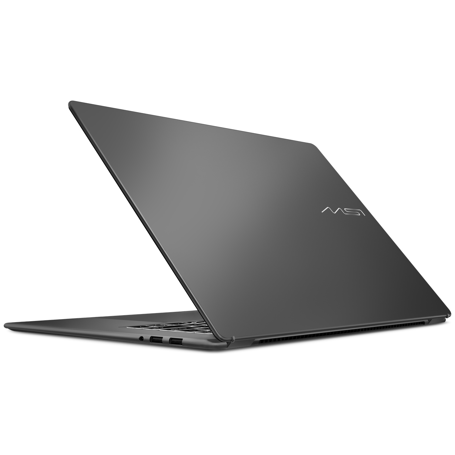 A closed, dark MSI laptop on a white background, viewed from the side.