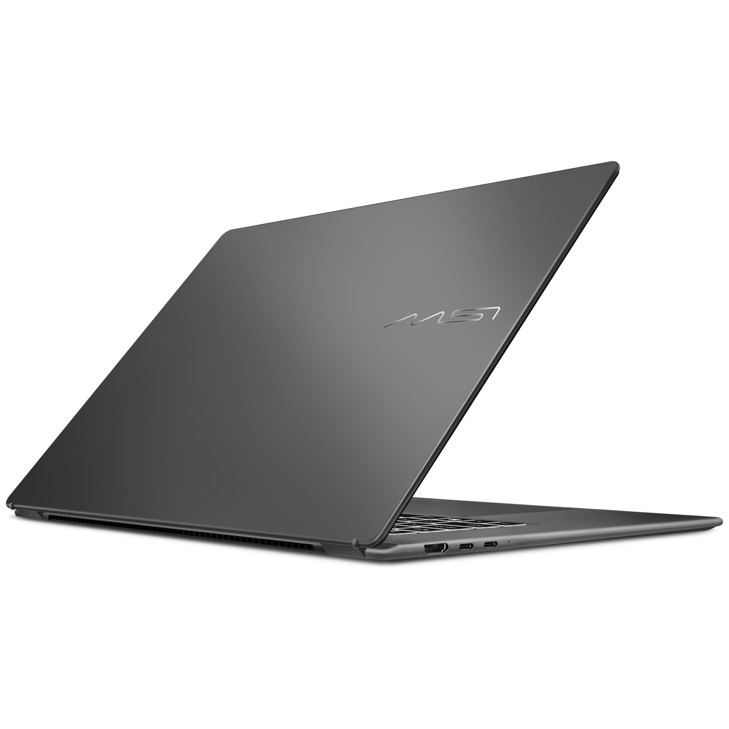 A closed, gray MSI laptop with a brushed metal finish and logo.
