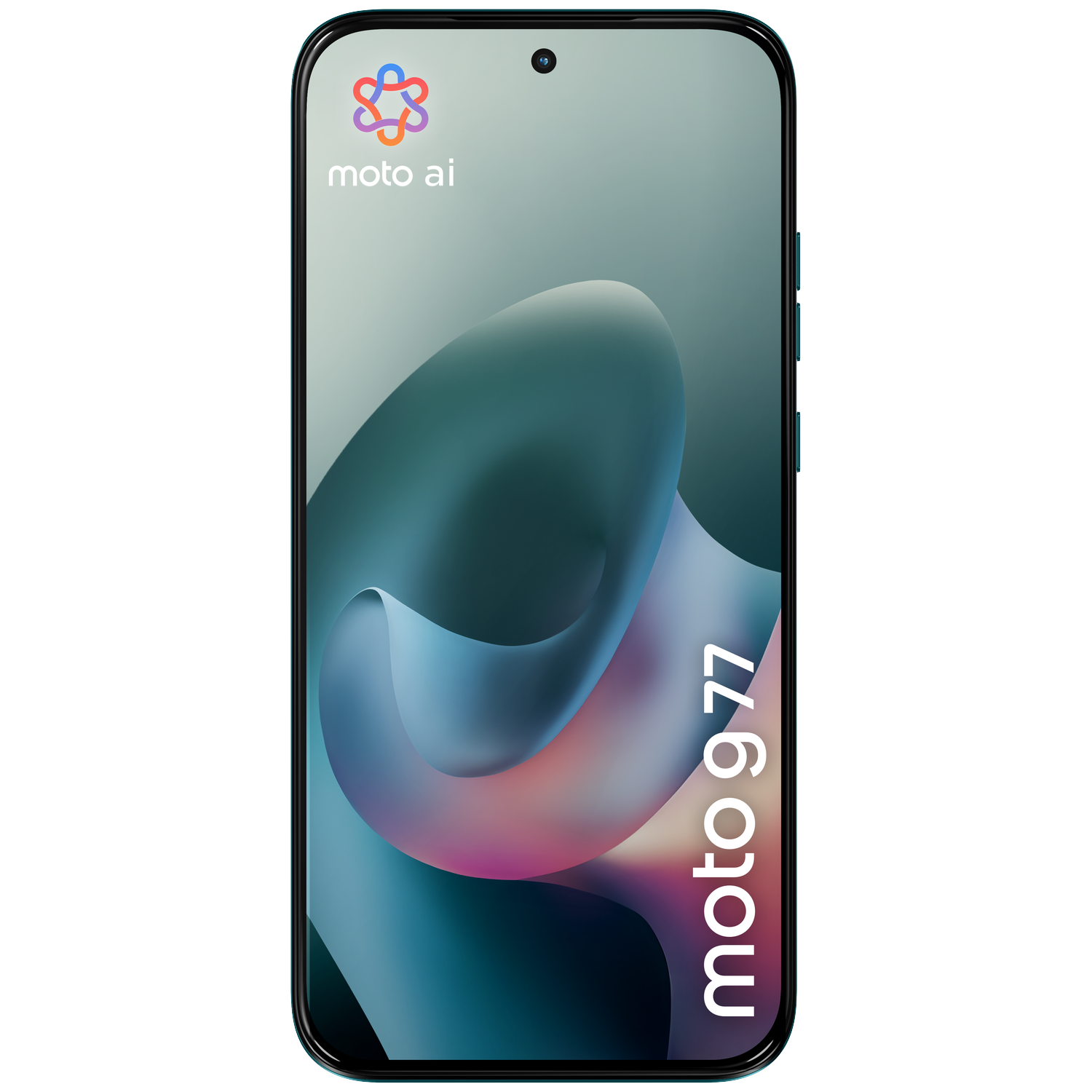 A smartphone displaying the Moto AI logo and 'moto g 77' text.