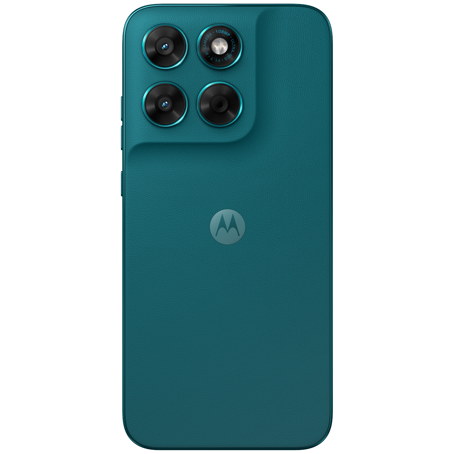 Back of a teal Motorola phone with four cameras and a logo.