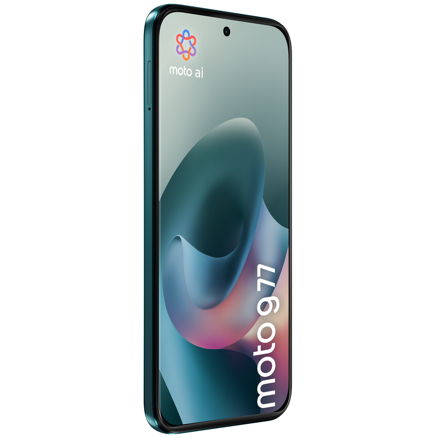 A teal smartphone showing the moto ai logo and "moto 977" on its screen.