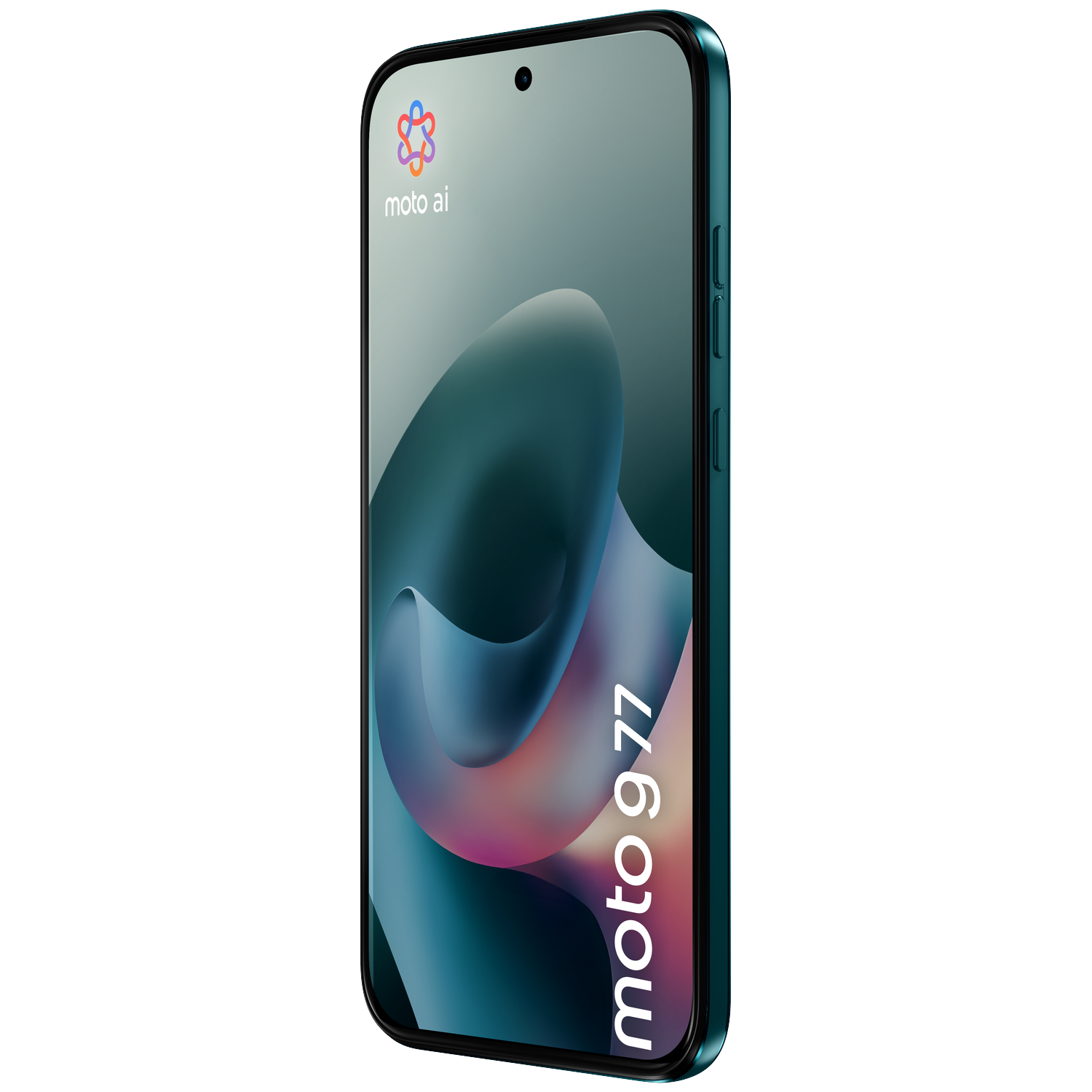 A dark green smartphone displaying "moto ai" logo and "moto g 77" text on its screen.
