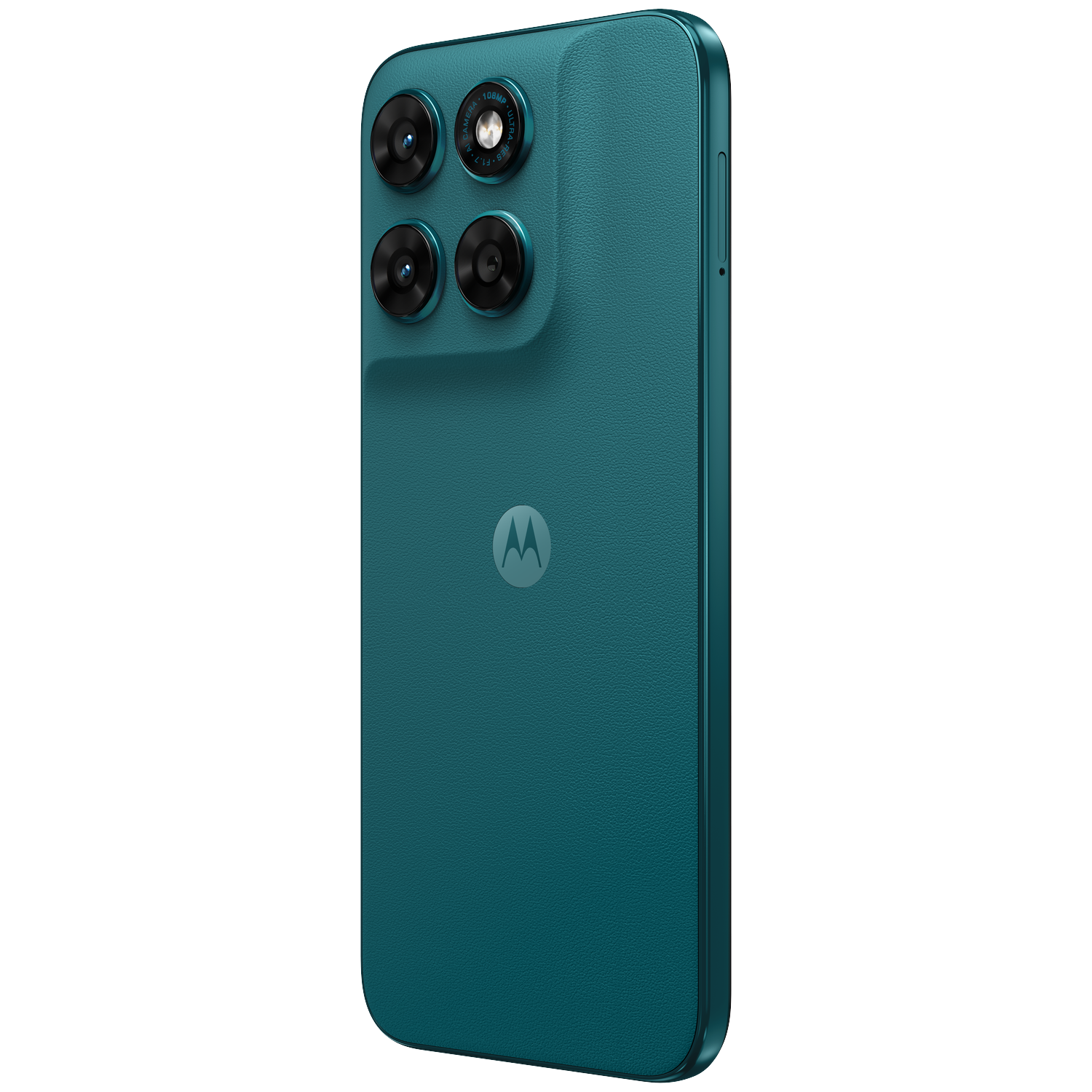 Back of a teal smartphone with four cameras and a Motorola logo.