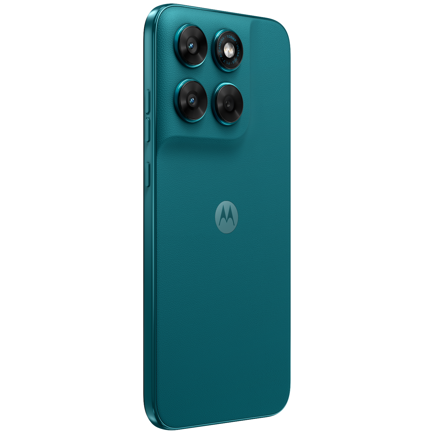 A teal smartphone with four cameras and a Motorola logo.
