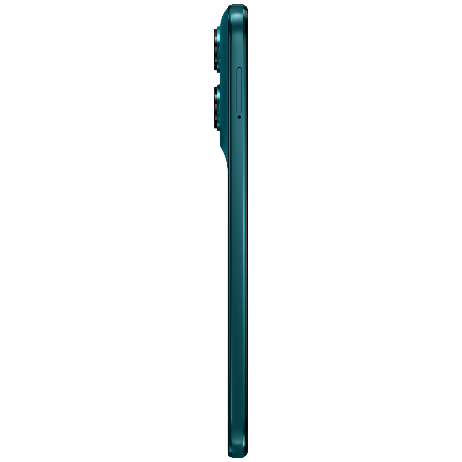 Side view of an emerald green smartphone with three cameras.