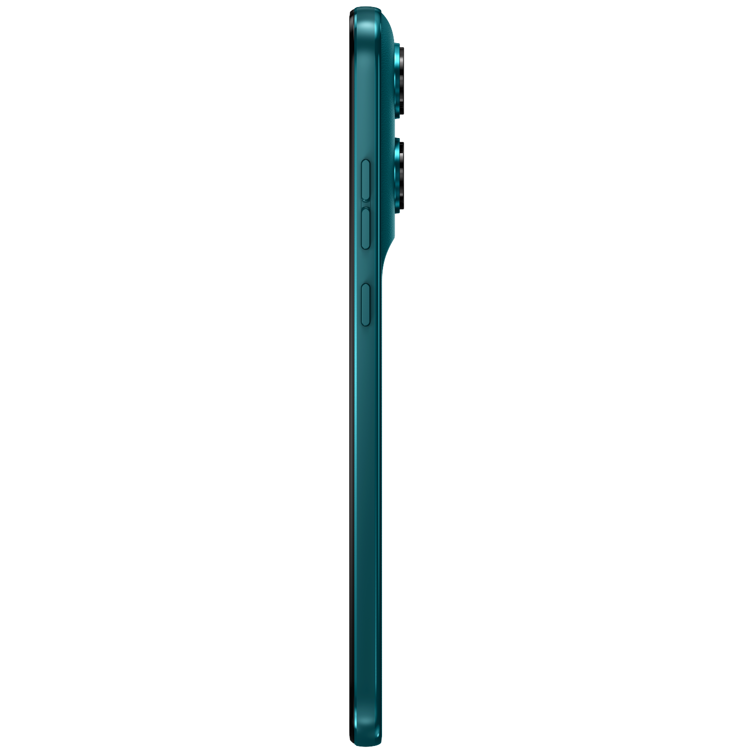 Side view of a teal smartphone showing cameras and buttons.