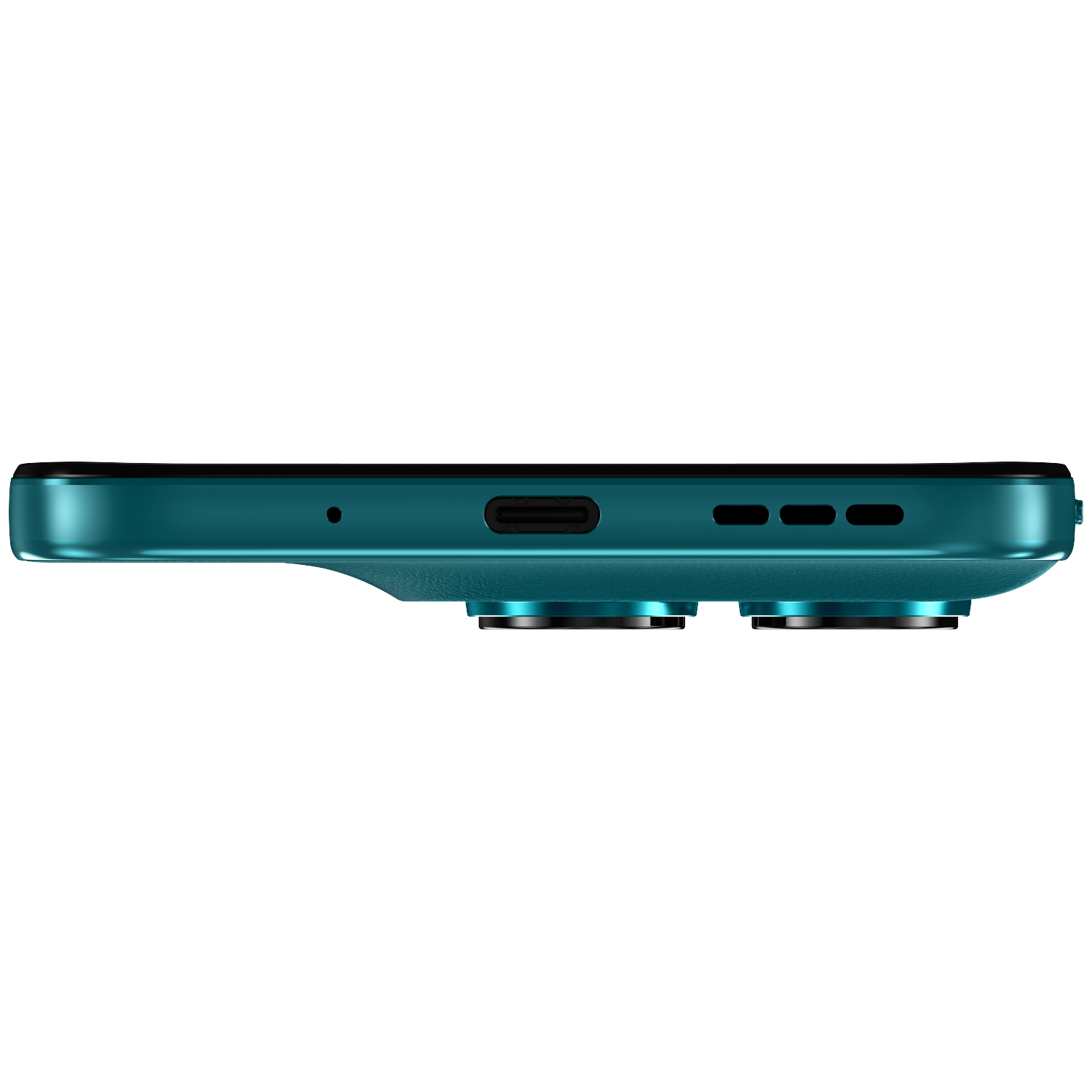 Close-up of the bottom edge of a teal smartphone, showing charging port and speaker grilles.
