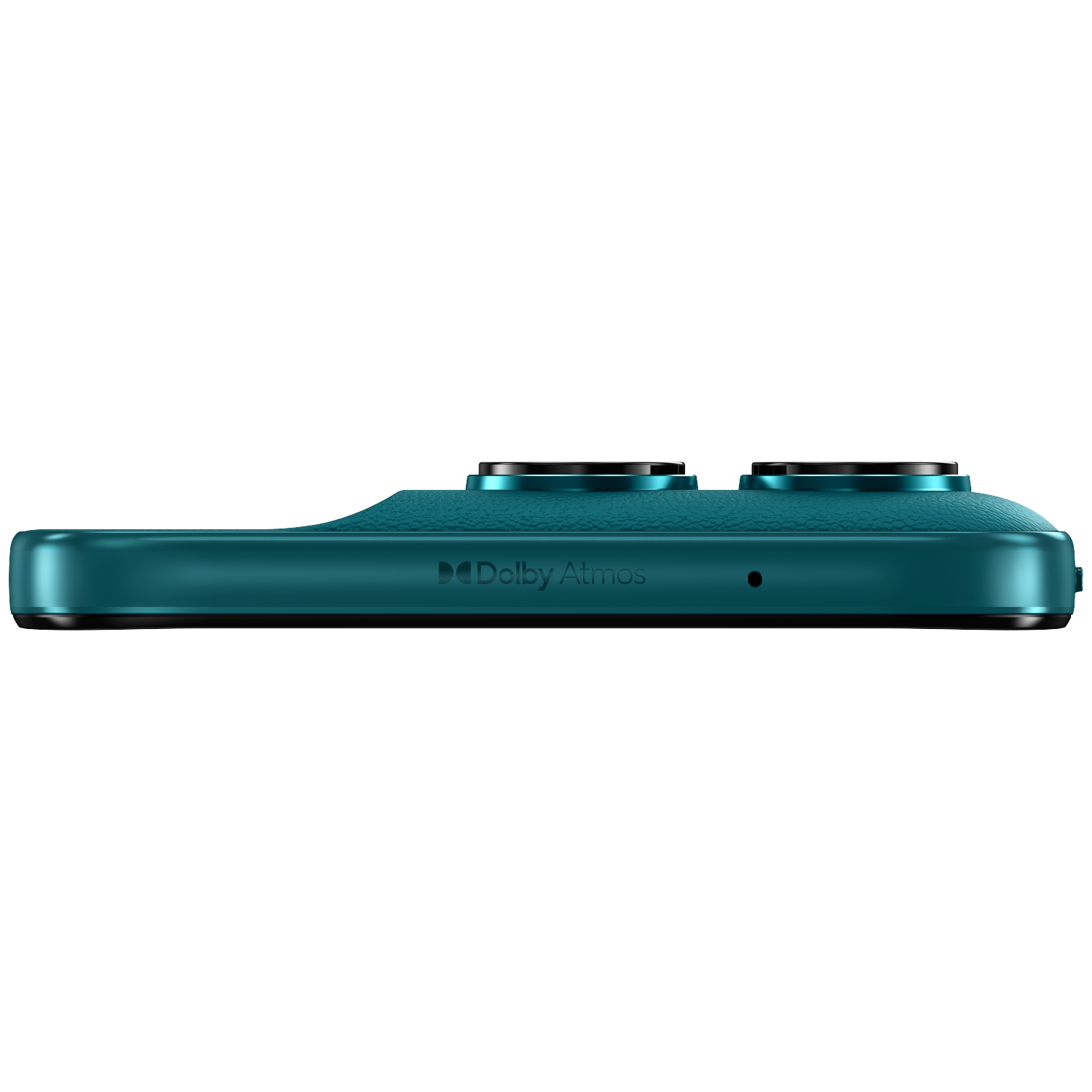 Teal smartphone side with two cameras and Dolby Atmos logo.