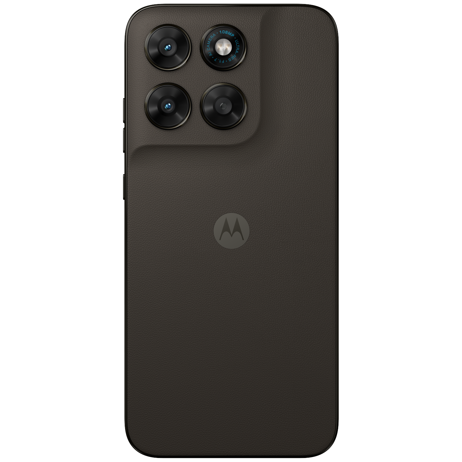 Back of a dark Motorola smartphone with four cameras and a logo.