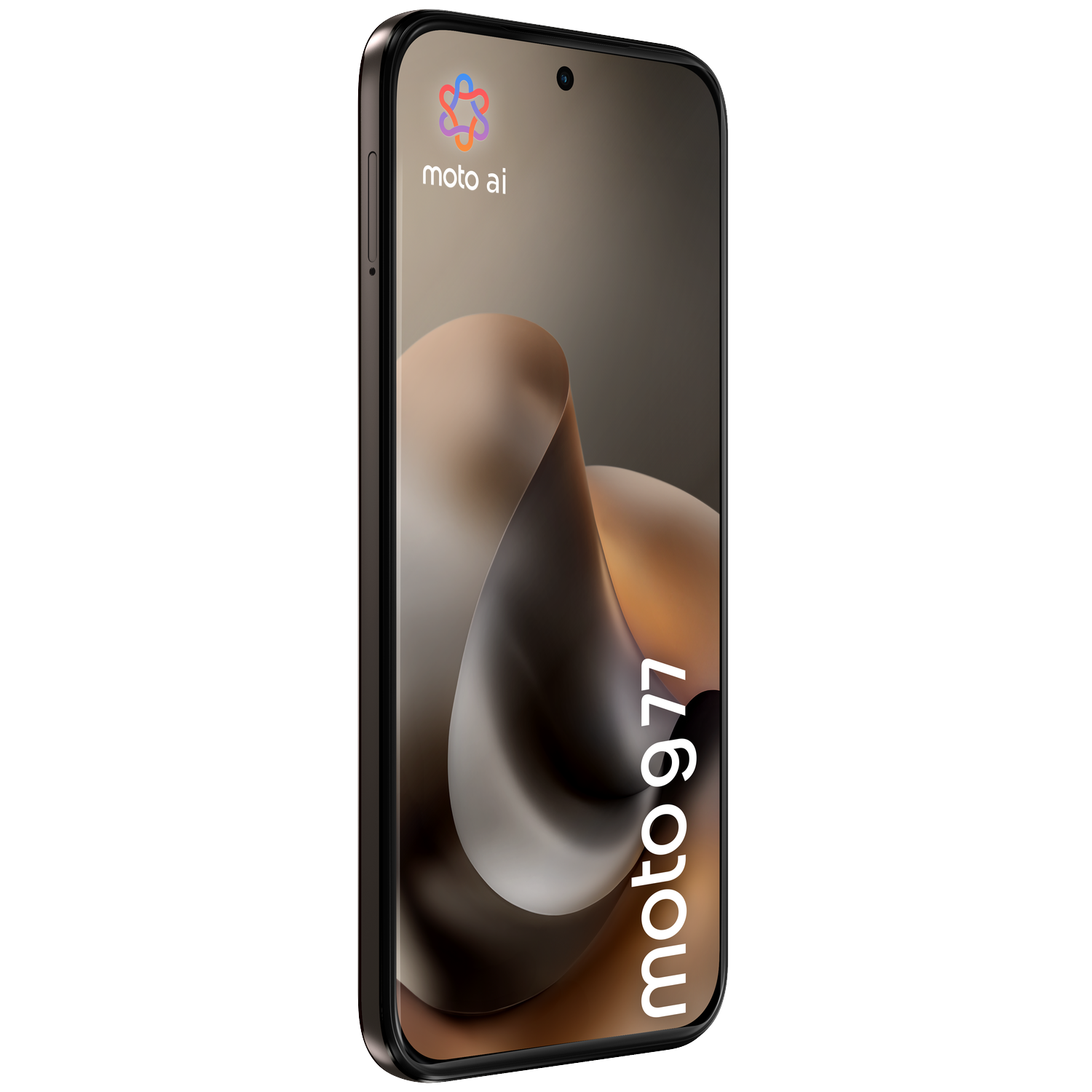 A dark Motorola smartphone displaying 'moto 977' text and the moto ai logo.