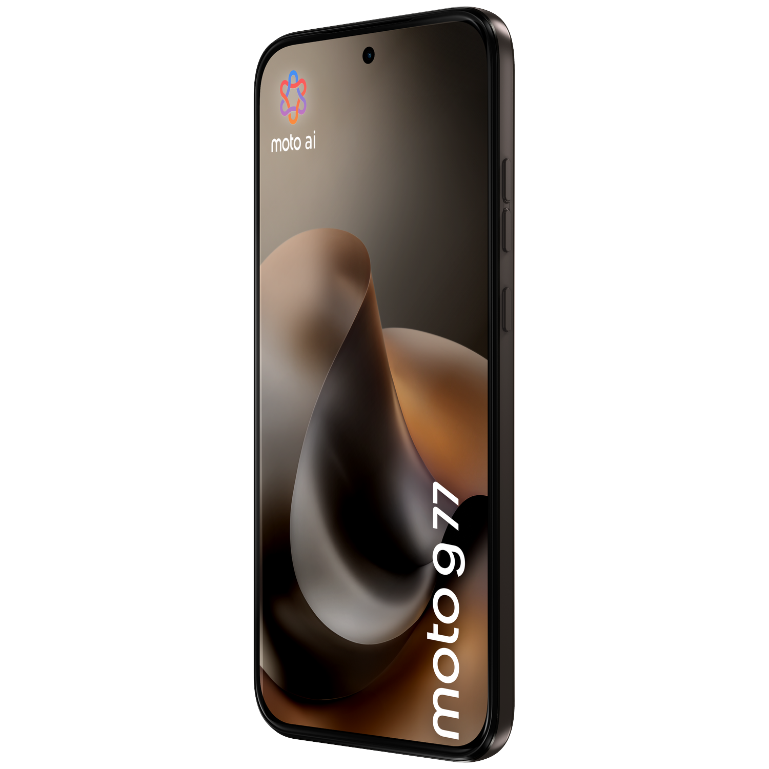 A dark smartphone displaying the Moto AI logo and 'moto g 77' text.