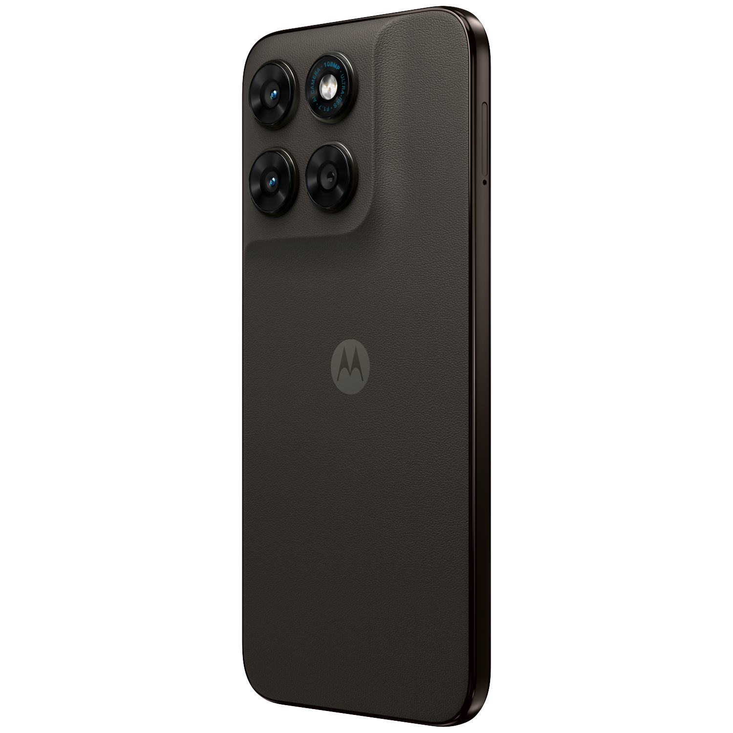 Dark smartphone with four cameras and Motorola logo.