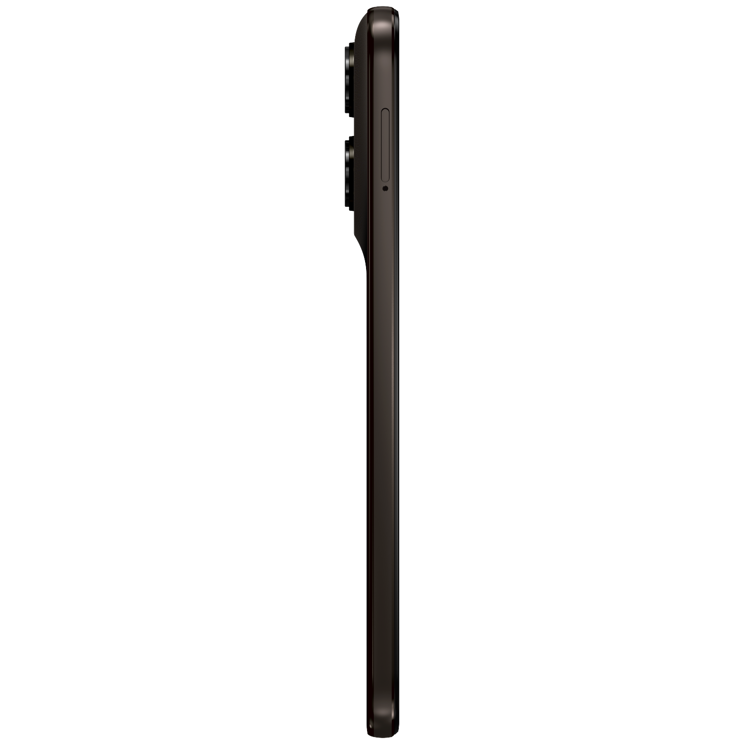 Dark smartphone shown in profile with three camera lenses and side buttons.