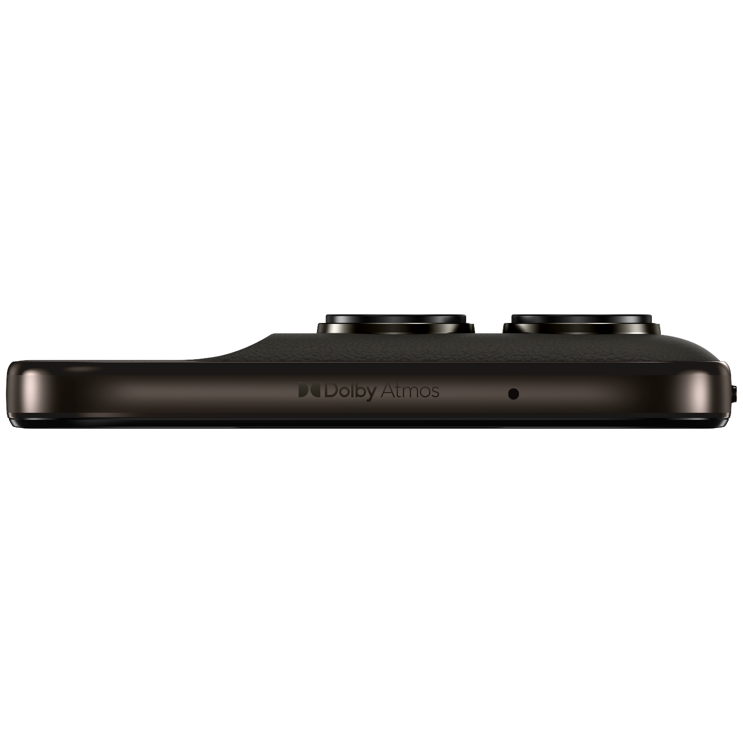 Dark smartphone with Dolby Atmos logo, cameras, and a small hole.