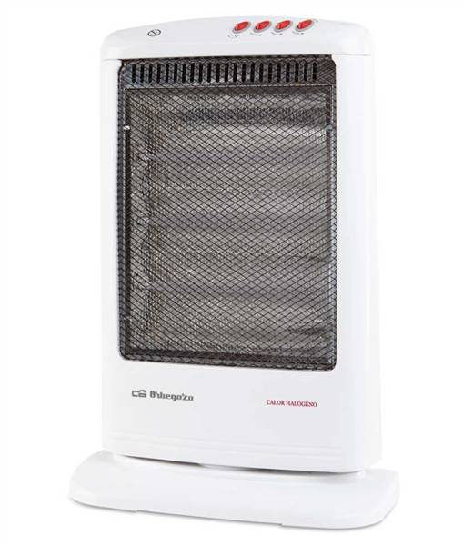 Un calefactor halógeno blanco con rejilla negra y botones rojos.