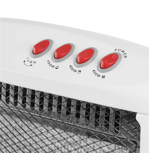 Primer plano de controles de calentador con etiquetas 'TURN' y 'POWER'.