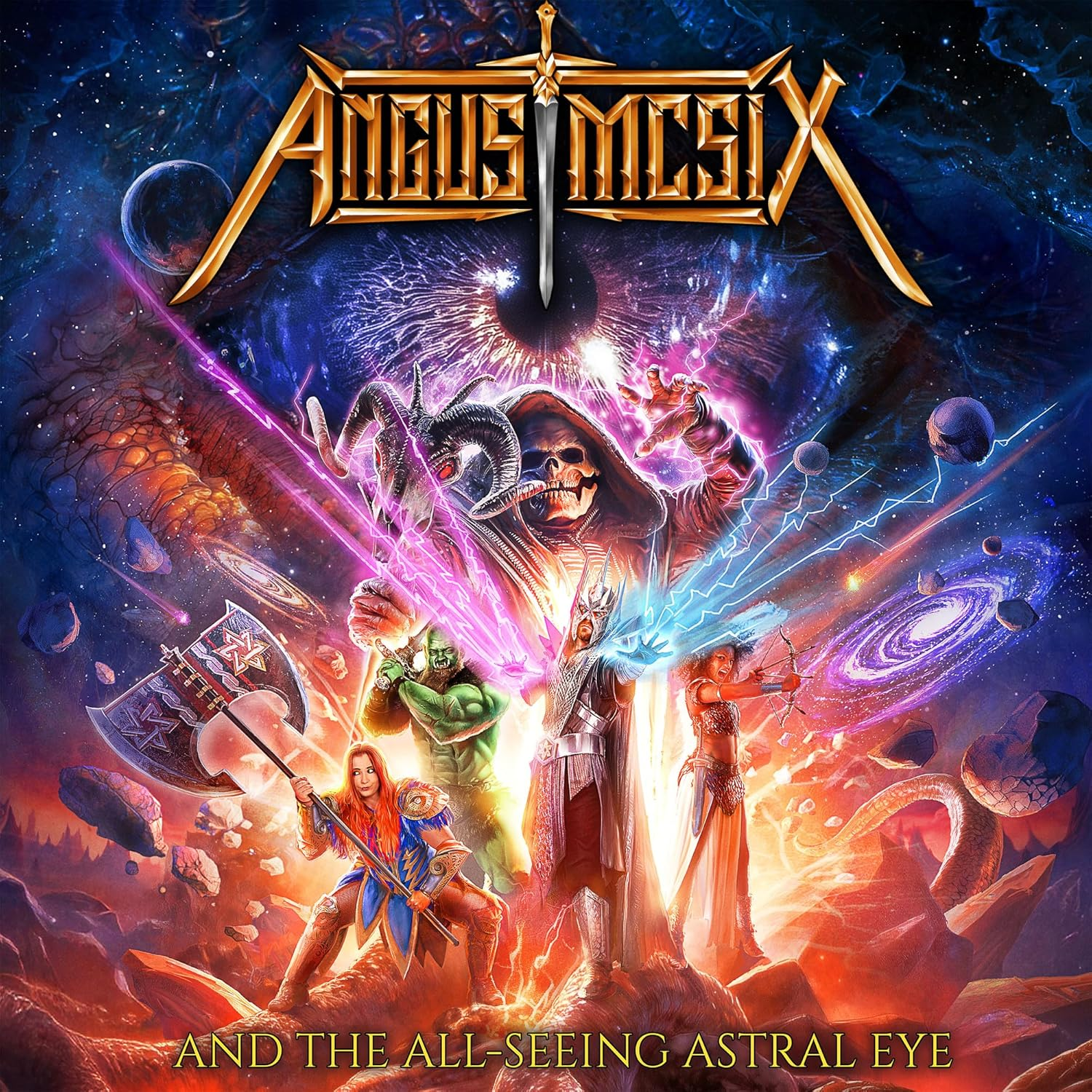 Fantasy album borító harcosokkal, csontváz kaszással és kozmikus elemekkel.