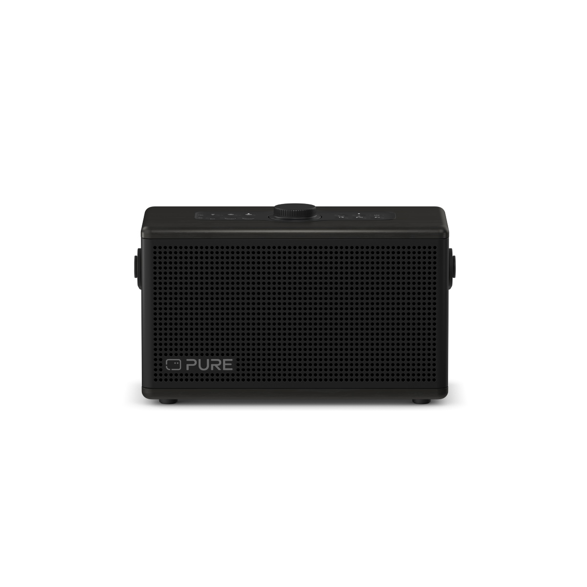 Schwarzer Bluetooth-Lautsprecher mit Gitterfront und Drehknopf oben.