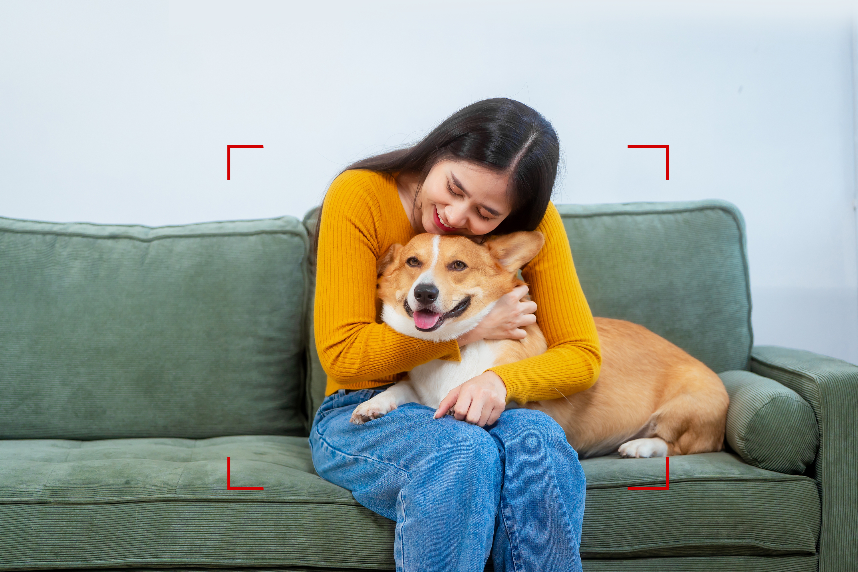 Eine Frau in einem gelben Pullover umarmt einen Corgi auf einer grünen Couch.