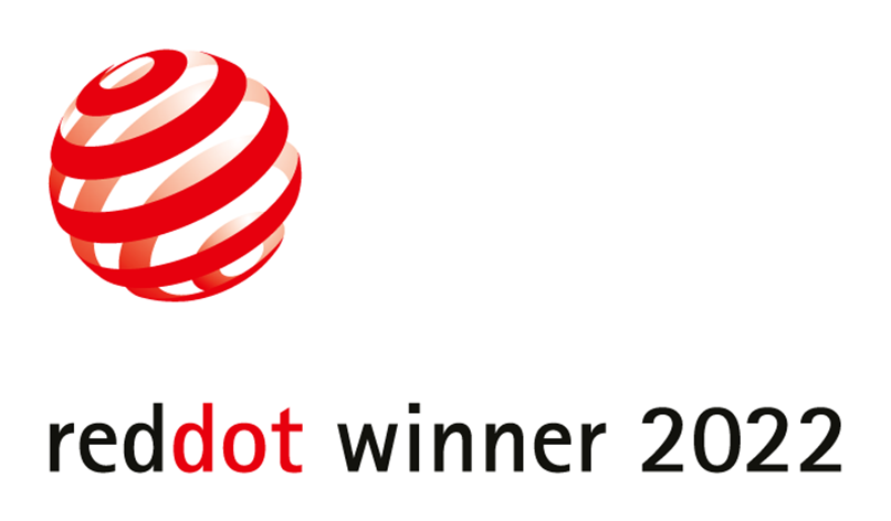Red Dot Gewinner 2022 Logo mit rotem Ball und Text.