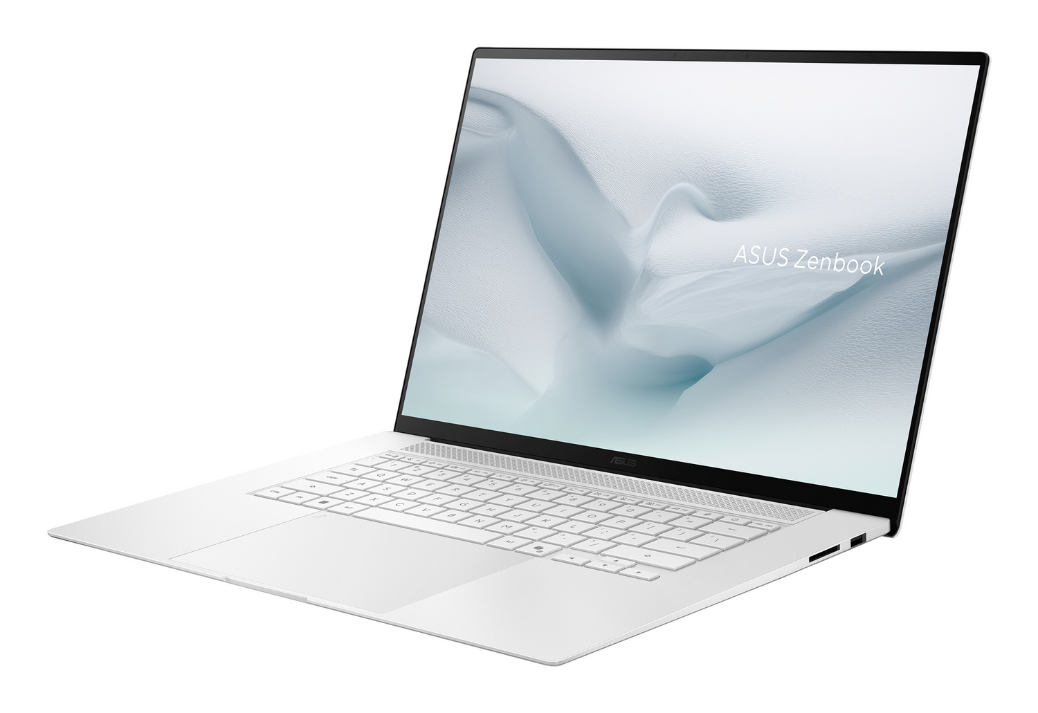 Un portátil Asus Zenbook blanco con teclado retroiluminado sobre fondo blanco.