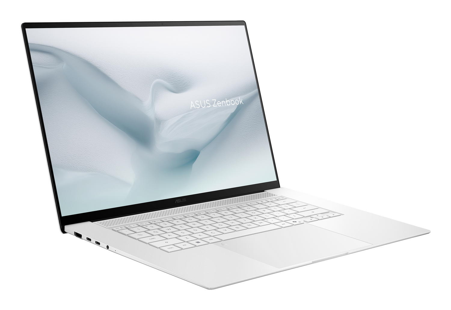 Un portátil ASUS Zenbook blanco abierto con un fondo estilizado en su pantalla.