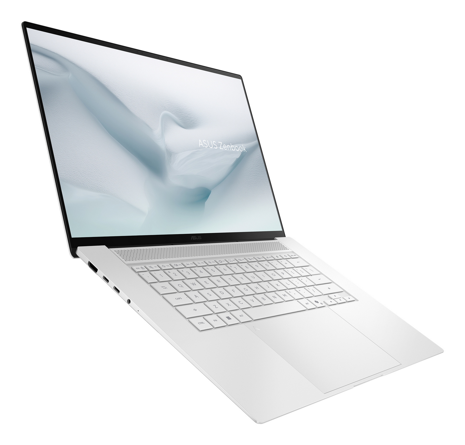 Un portátil blanco ASUS Zenbook con teclado retroiluminado sobre fondo blanco.