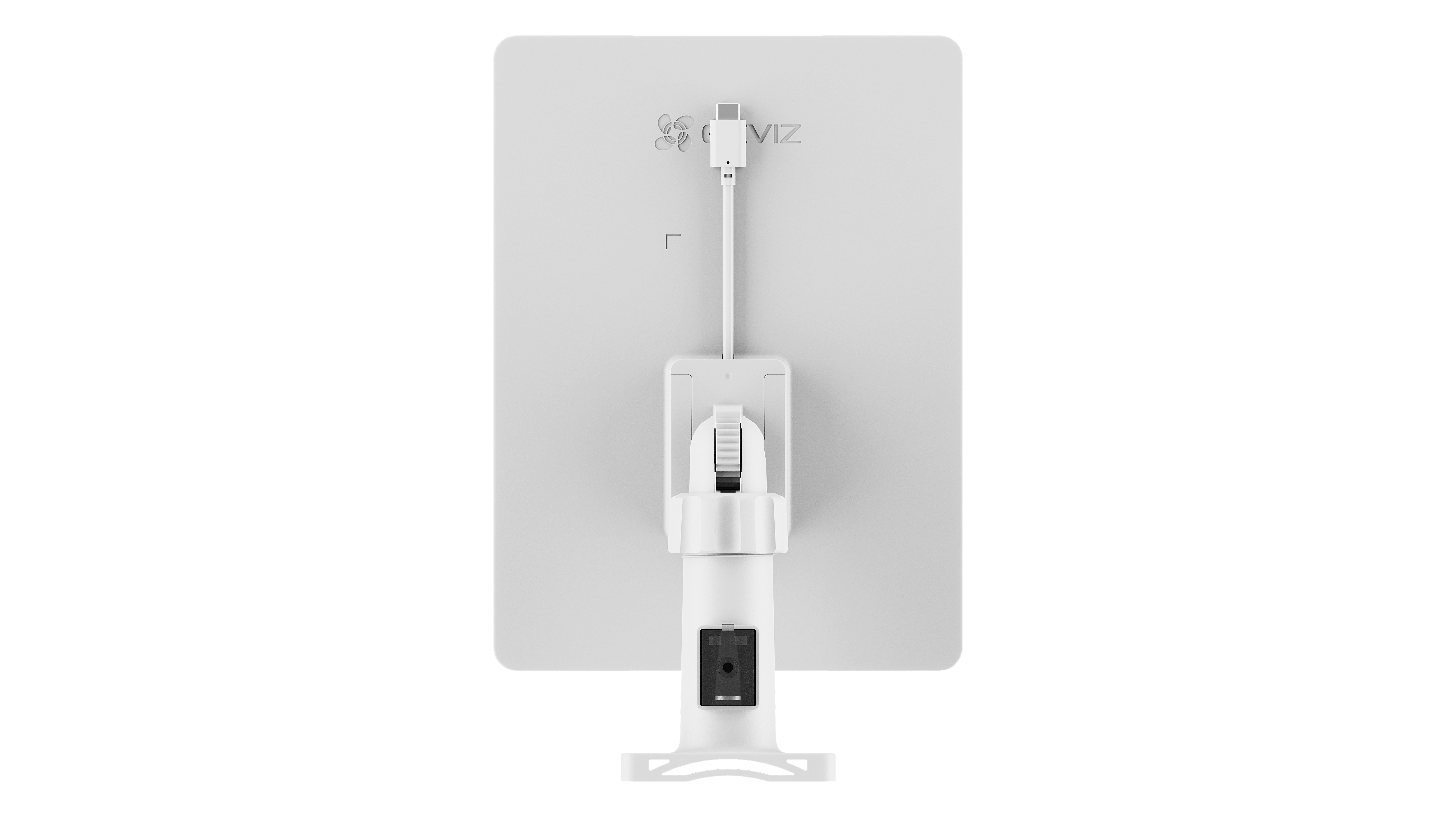 Rückseite eines weißen Geräts mit Kabel und Halterung.