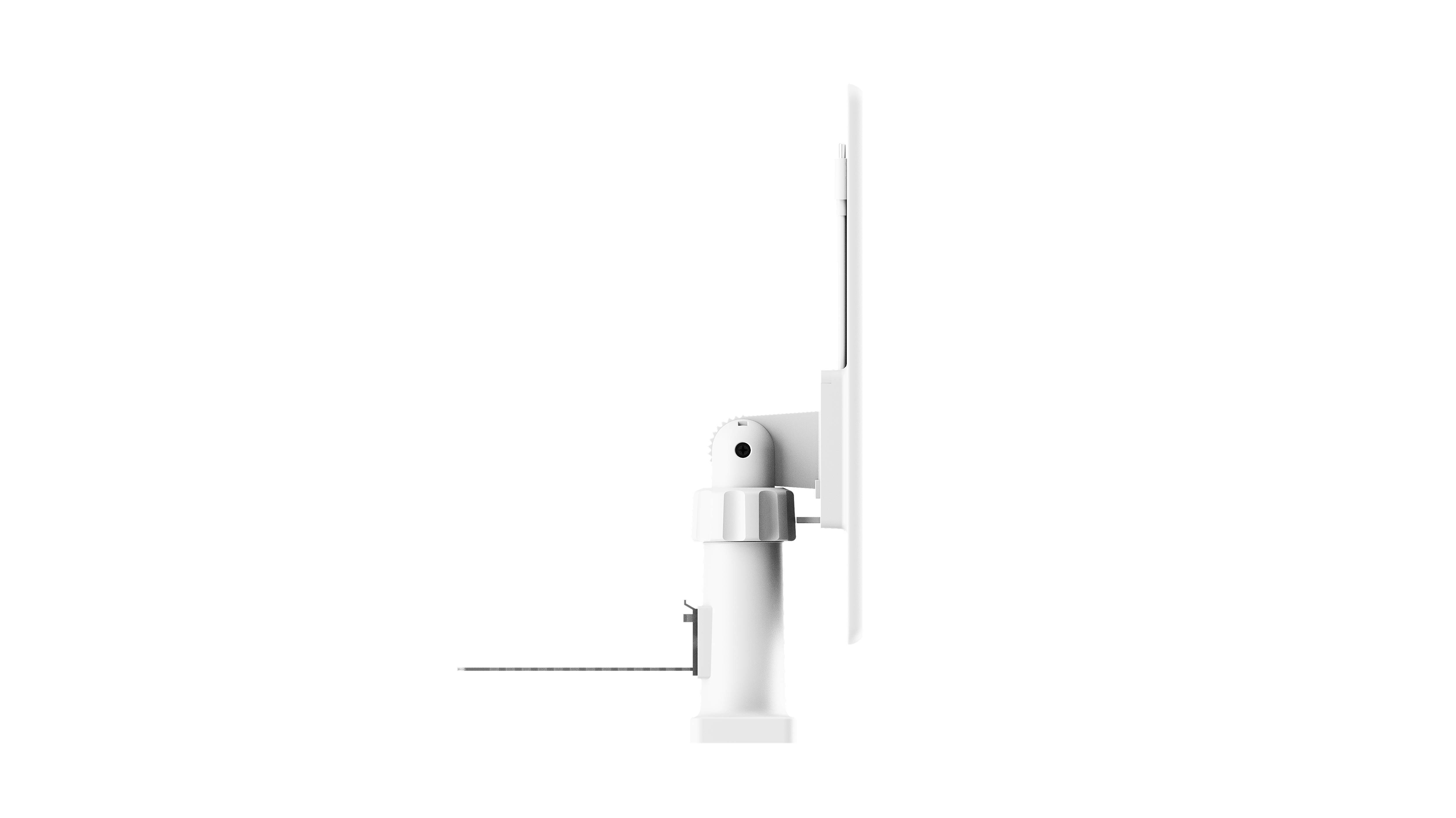 Ein weißes, rechteckiges Gerät mit einem Gelenkarm und einer Antenne.