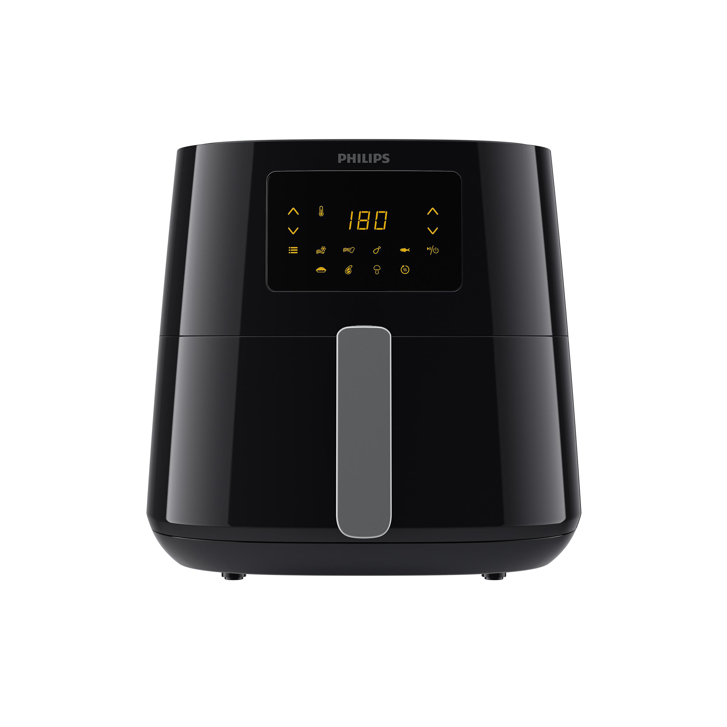 Schwarzer Philips Heißluftfritteuse mit digitalem Display und Kochsymbolen.