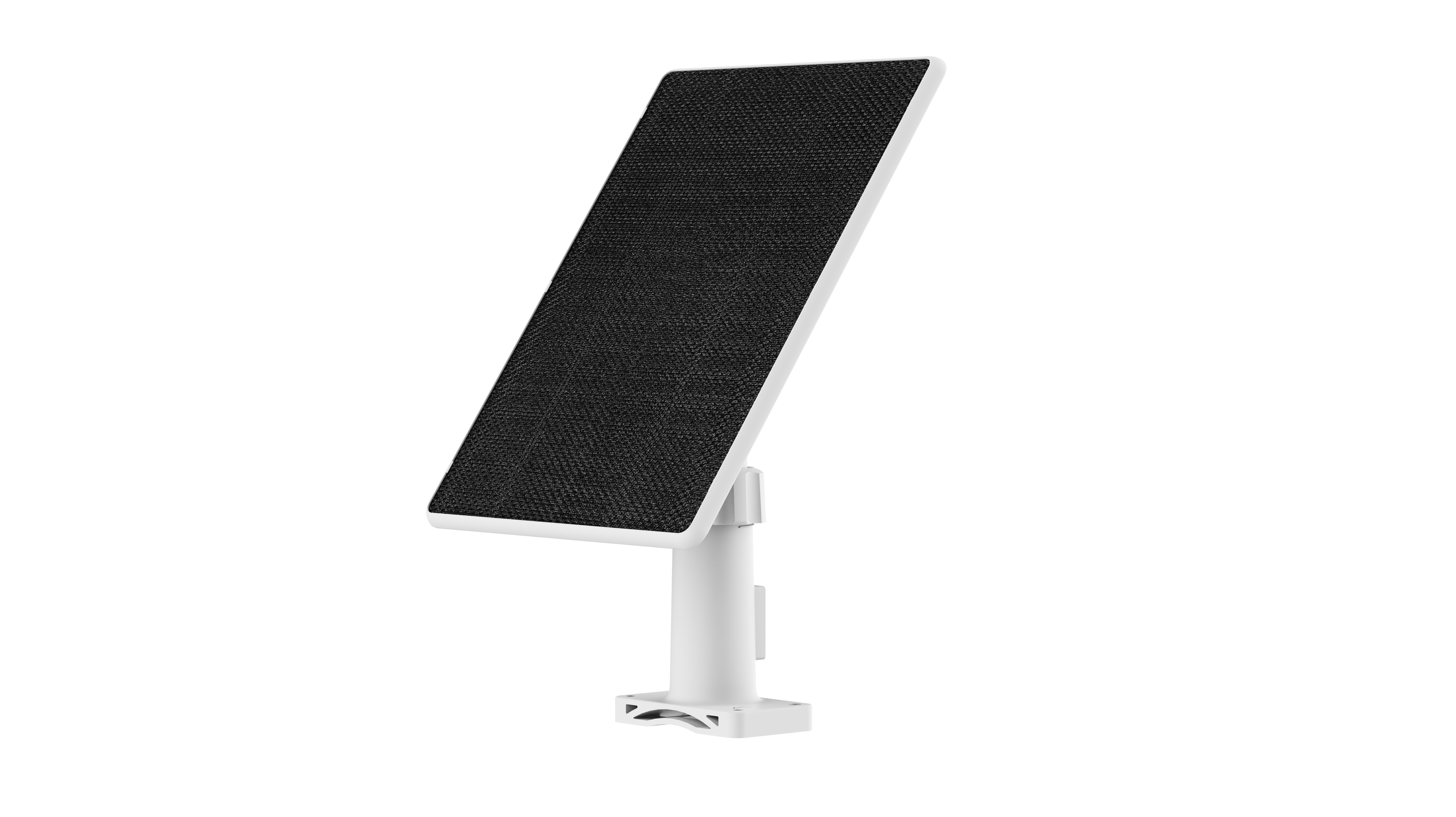 Ein weißer Ständer mit einem schwarzen Solarpanel, das nach links geneigt ist.