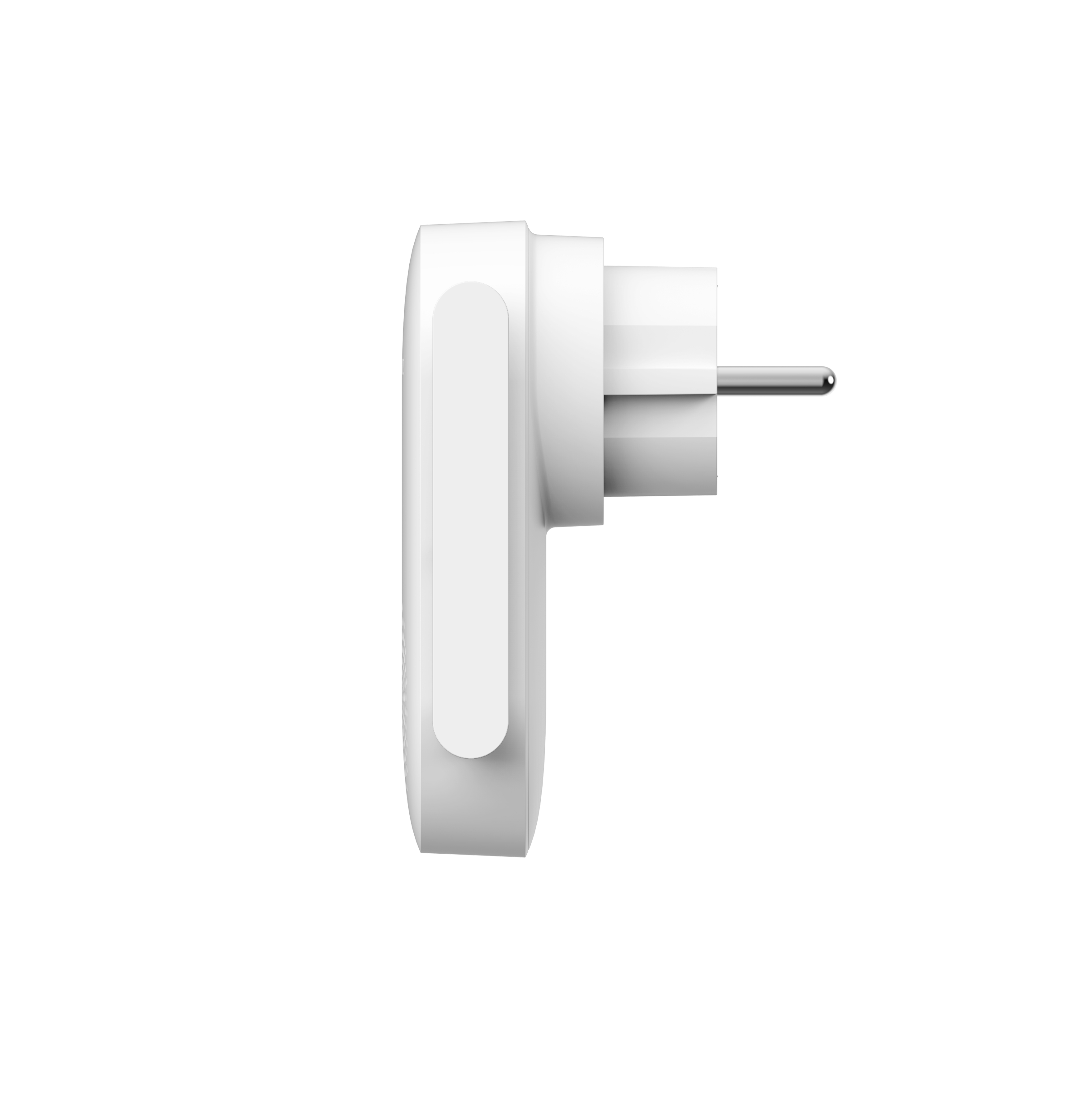 Ein weißer Stecker mit silbernen Stiften auf weißem Hintergrund.