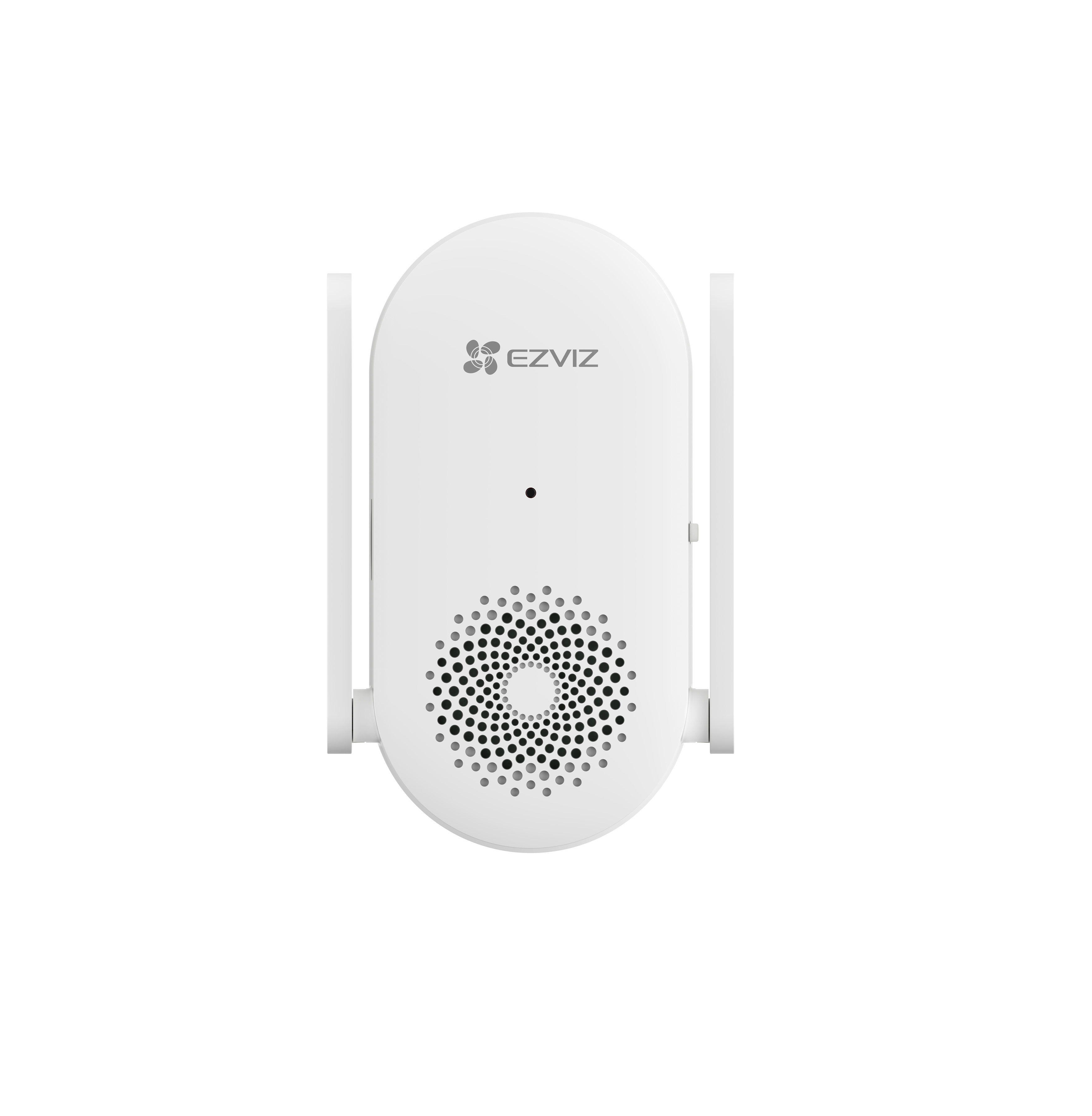Ein weißer EZVIZ WLAN-Extender mit zwei Antennen und Lautsprechergitter.